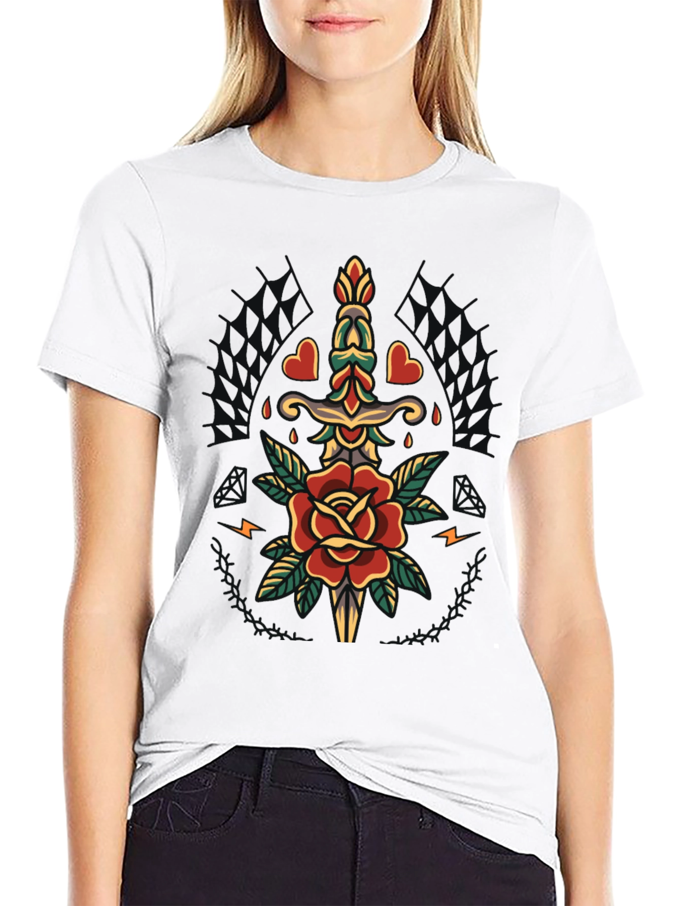 Mens Black T-Shirt with Rose & Dagger Graphic