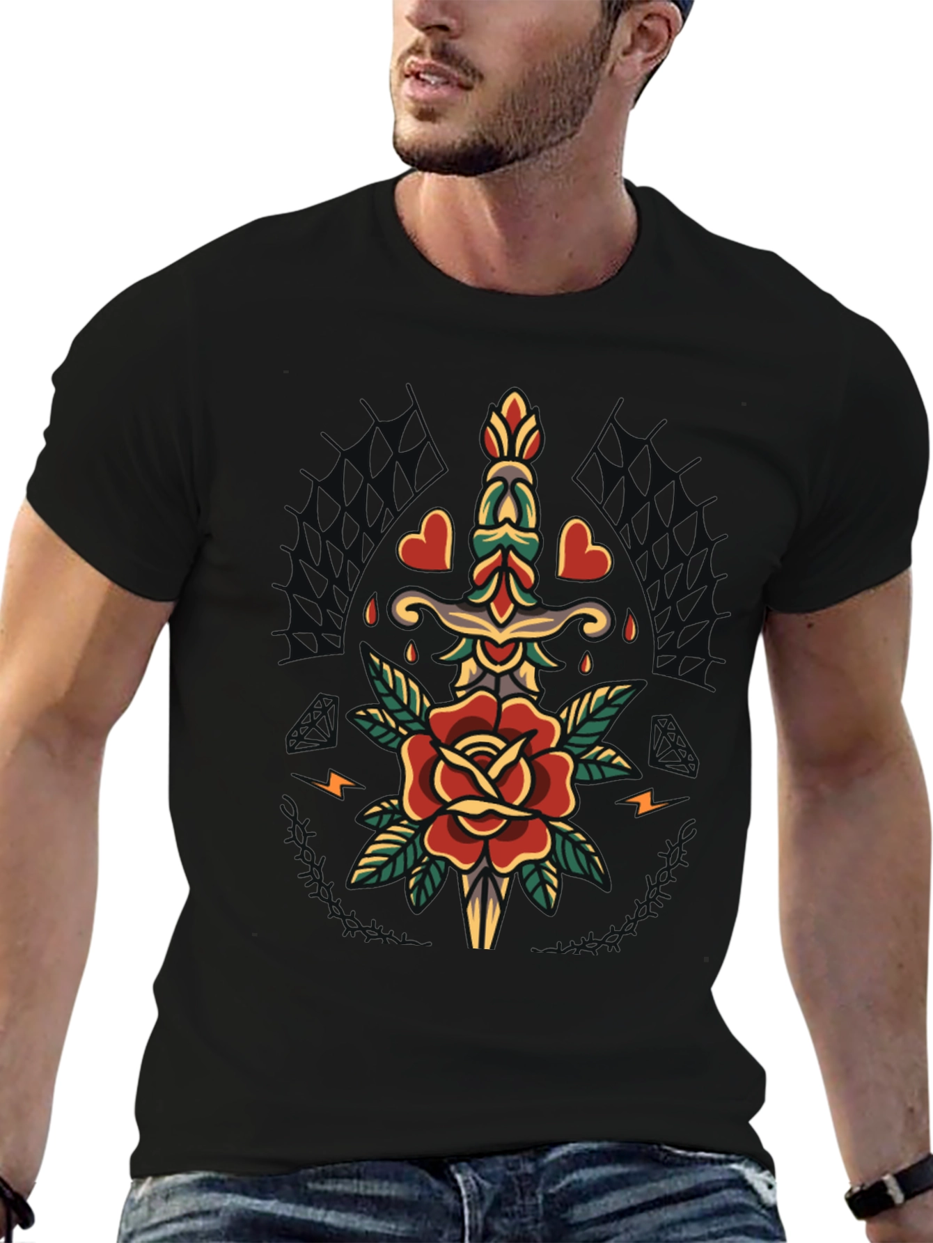 Mens Black T-Shirt with Rose & Dagger Graphic