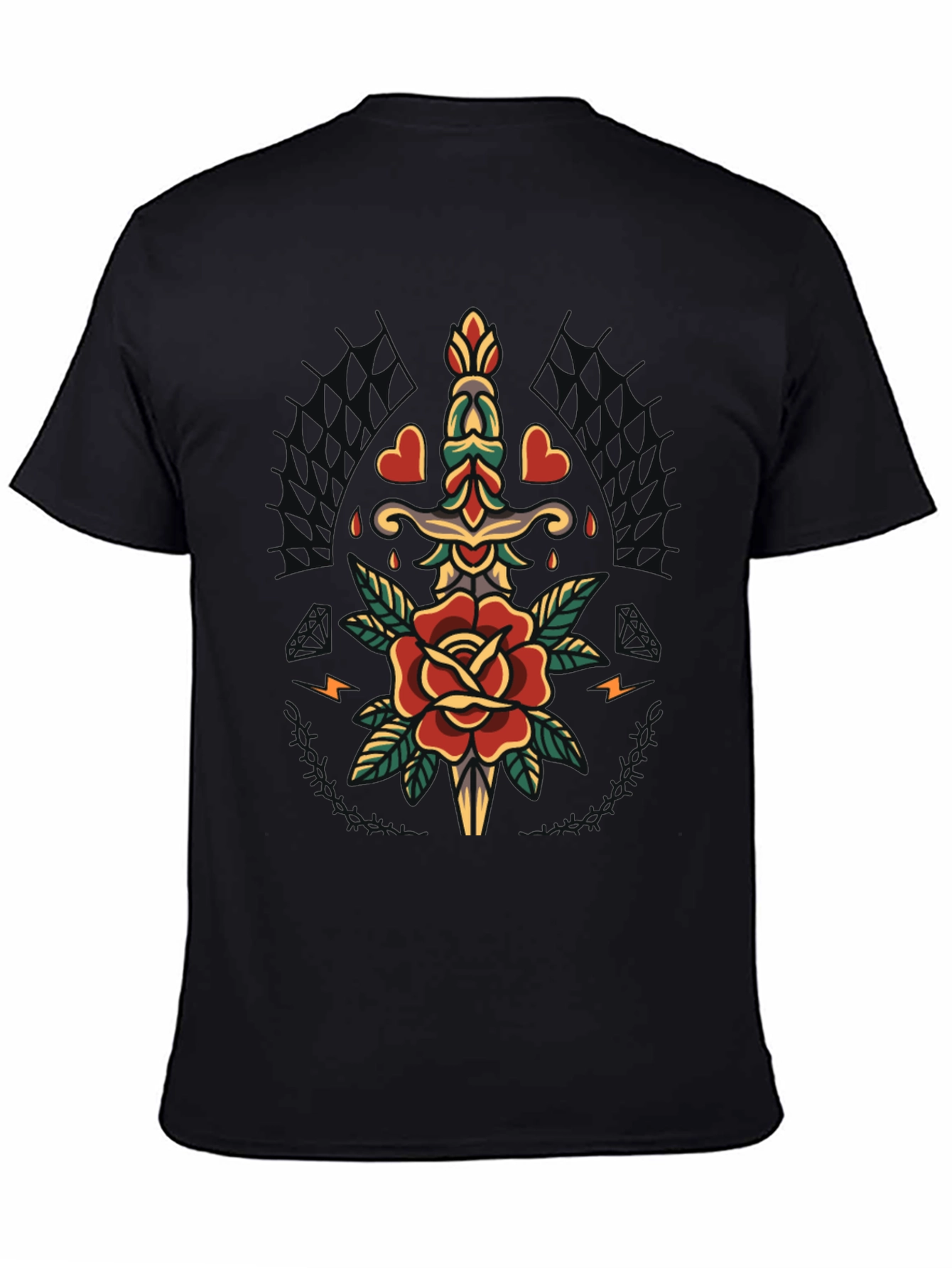 Mens Black T-Shirt with Rose & Dagger Graphic