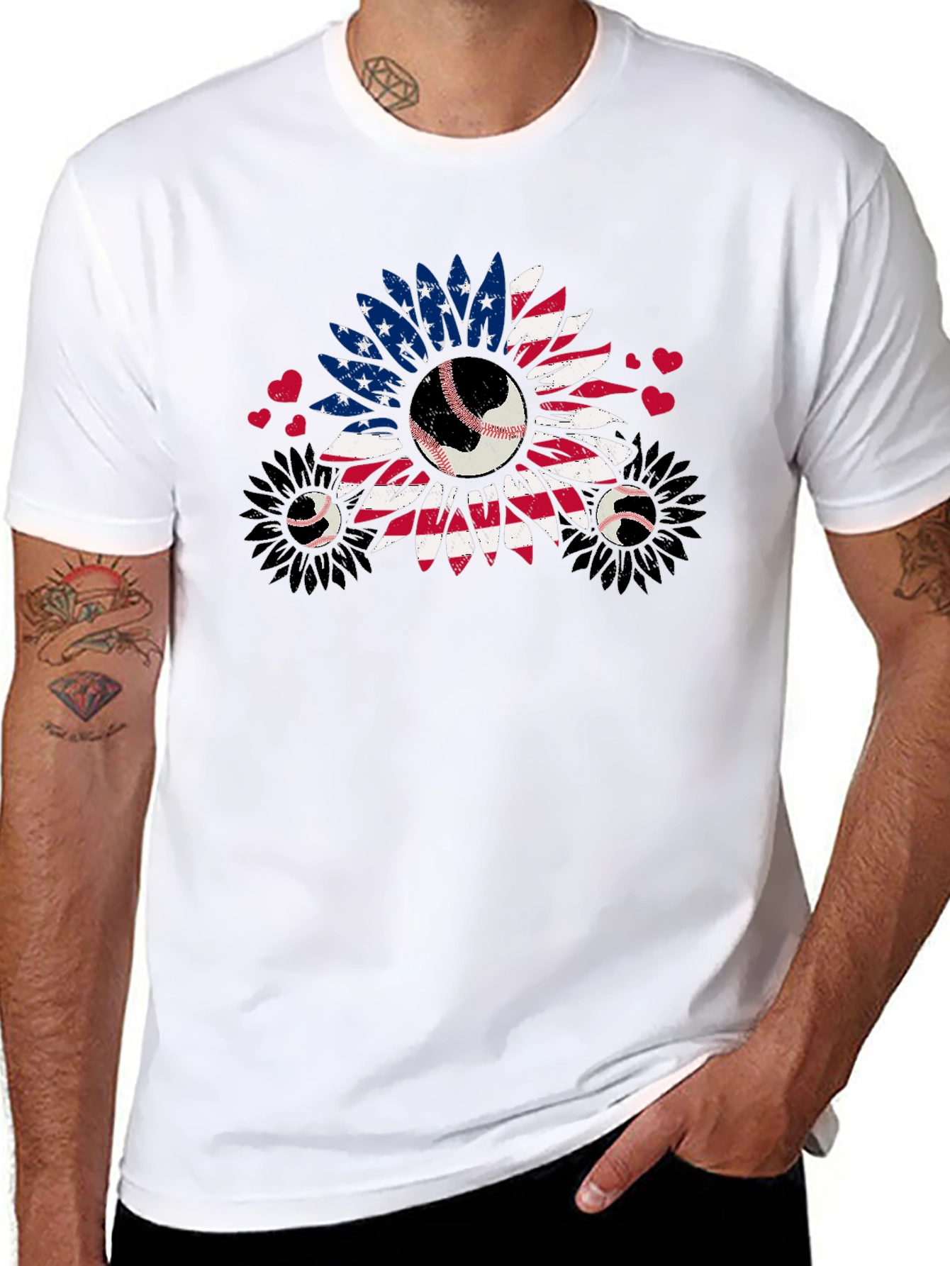 Patriotic Baseball Sunflower Graphic T-Shirt