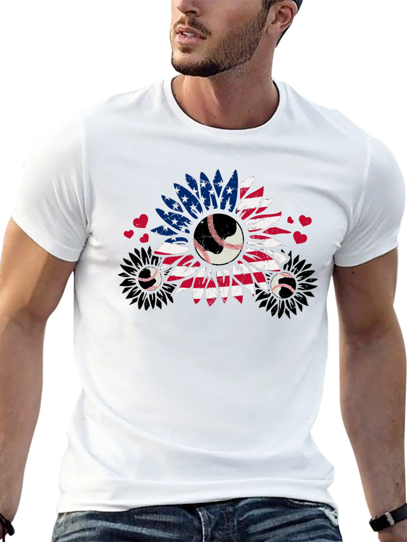 Patriotic Baseball Sunflower Graphic T-Shirt