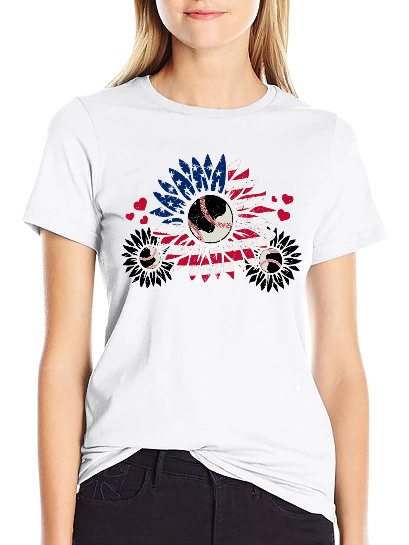 Patriotic Baseball Sunflower Graphic T-Shirt