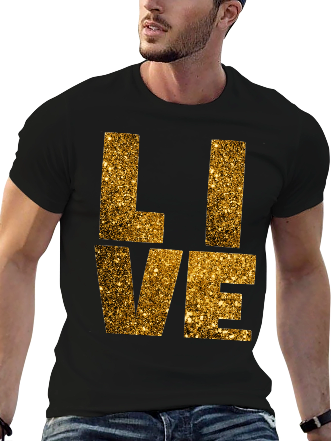 Gold Glitter LIVE Graphic Black T-Shirt