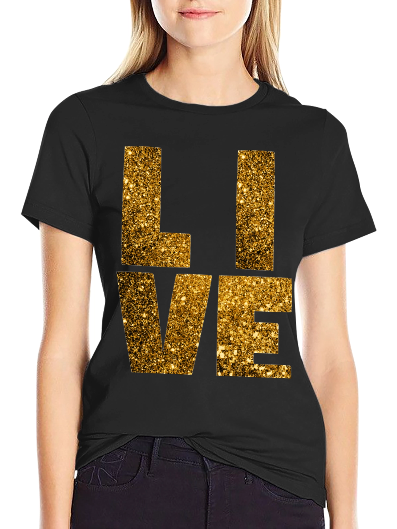 Gold Glitter LIVE Graphic Black T-Shirt