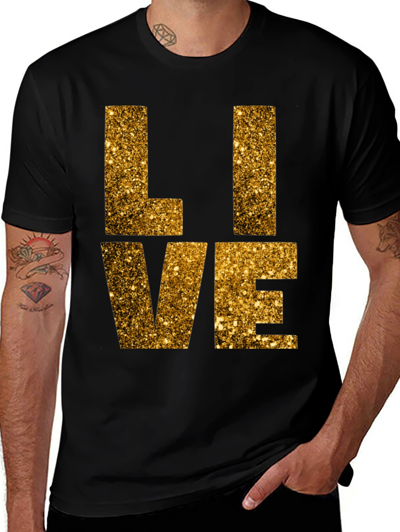 Gold Glitter LIVE Graphic Black T-Shirt