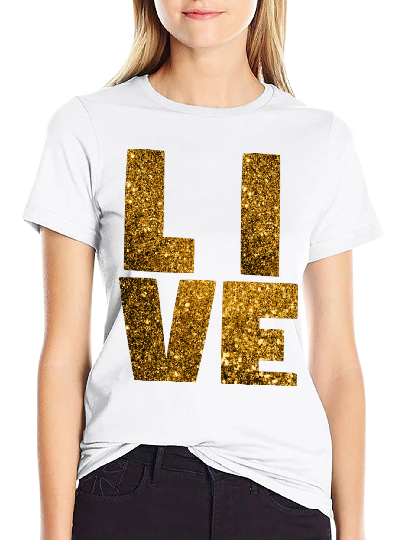 Gold Glitter LIVE Graphic Black T-Shirt