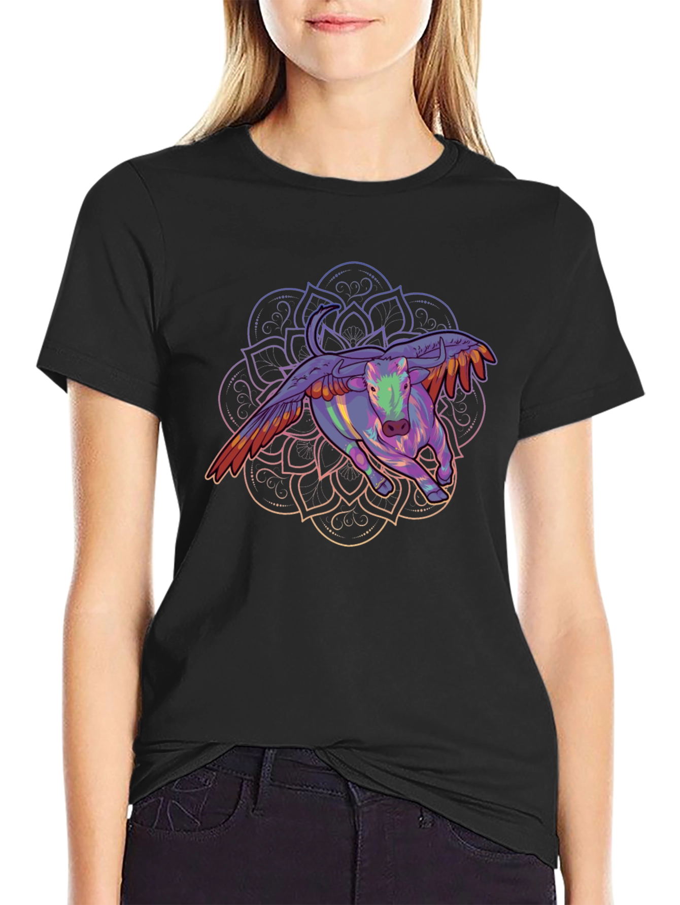 Winged Bull Mandala Graphic Tee - Black