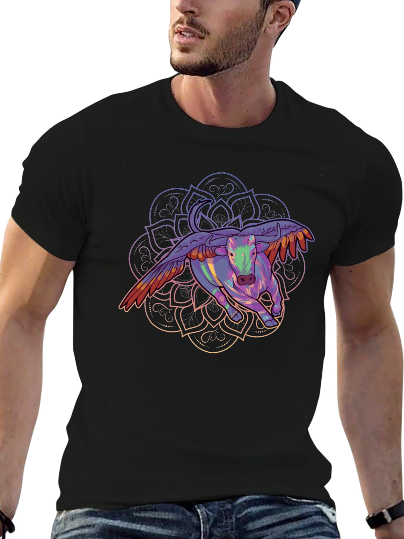 Winged Bull Mandala Graphic Tee - Black