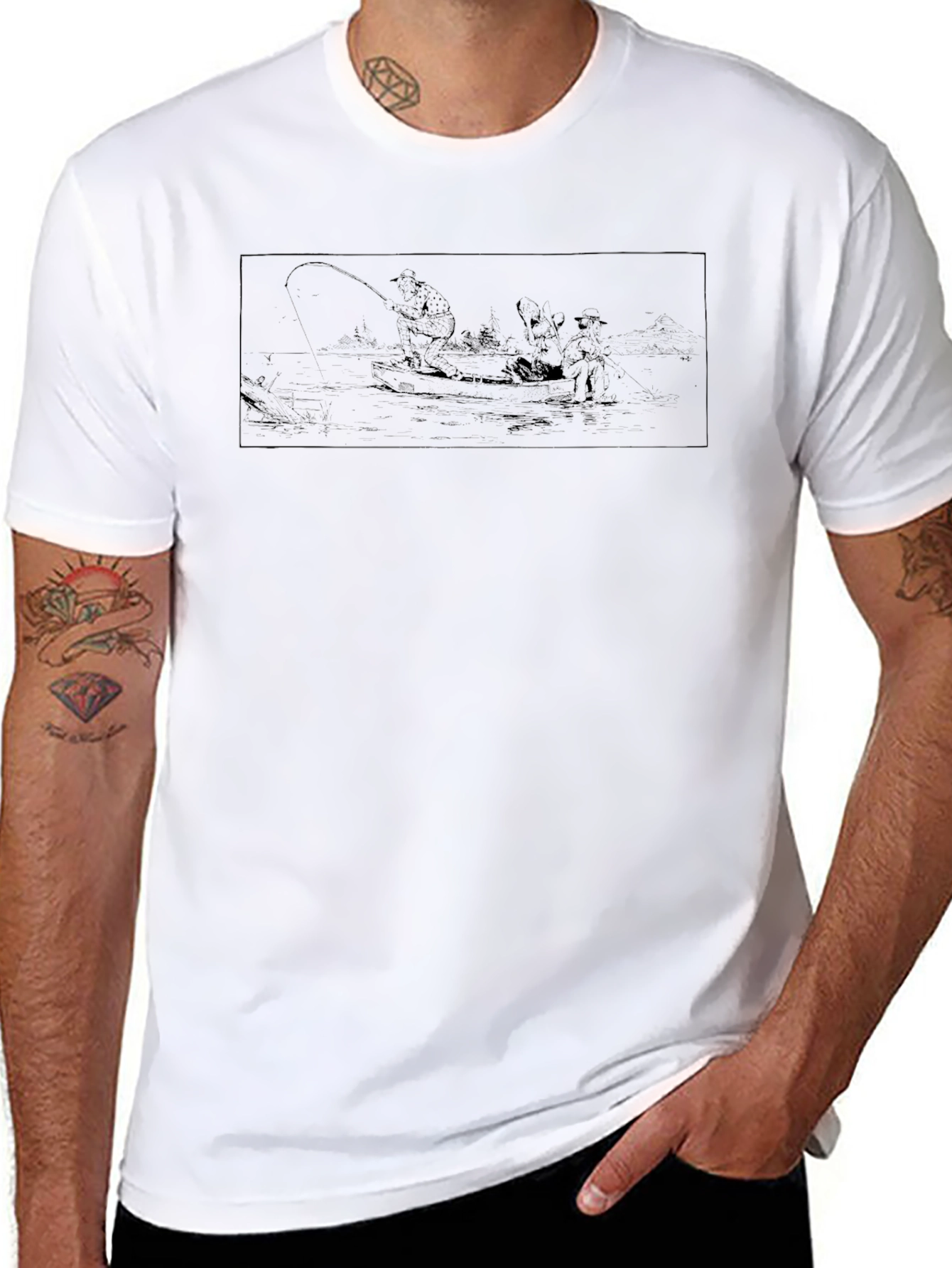 Mens Black Graphic Tee - Fishing Design
