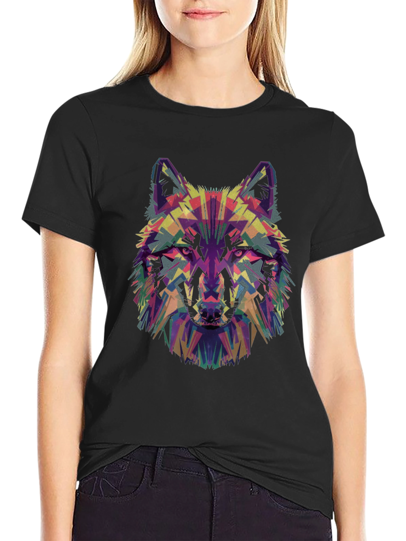 Abstract Wolf Head Graphic Print Black T-Shirt