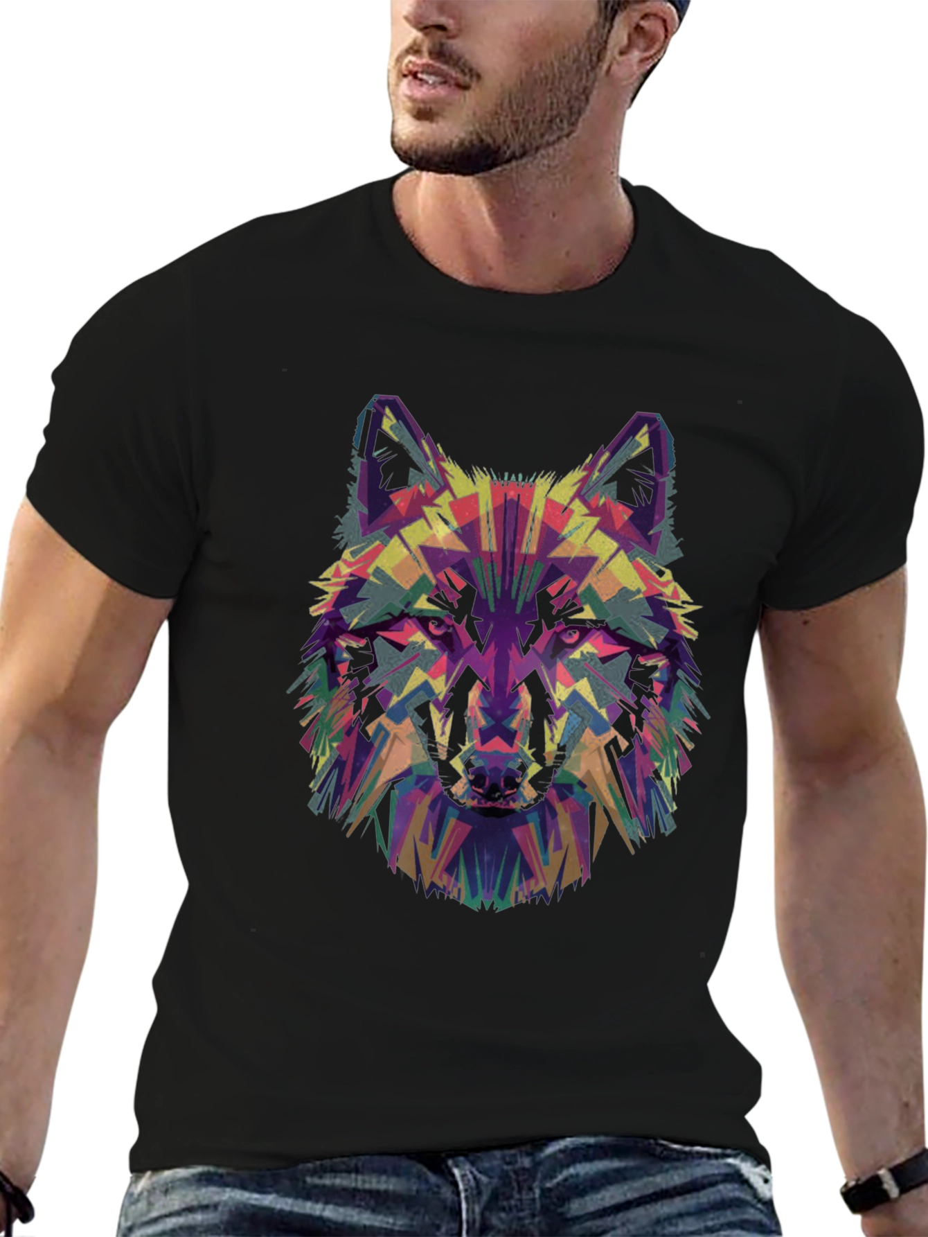 Abstract Wolf Head Graphic Print Black T-Shirt