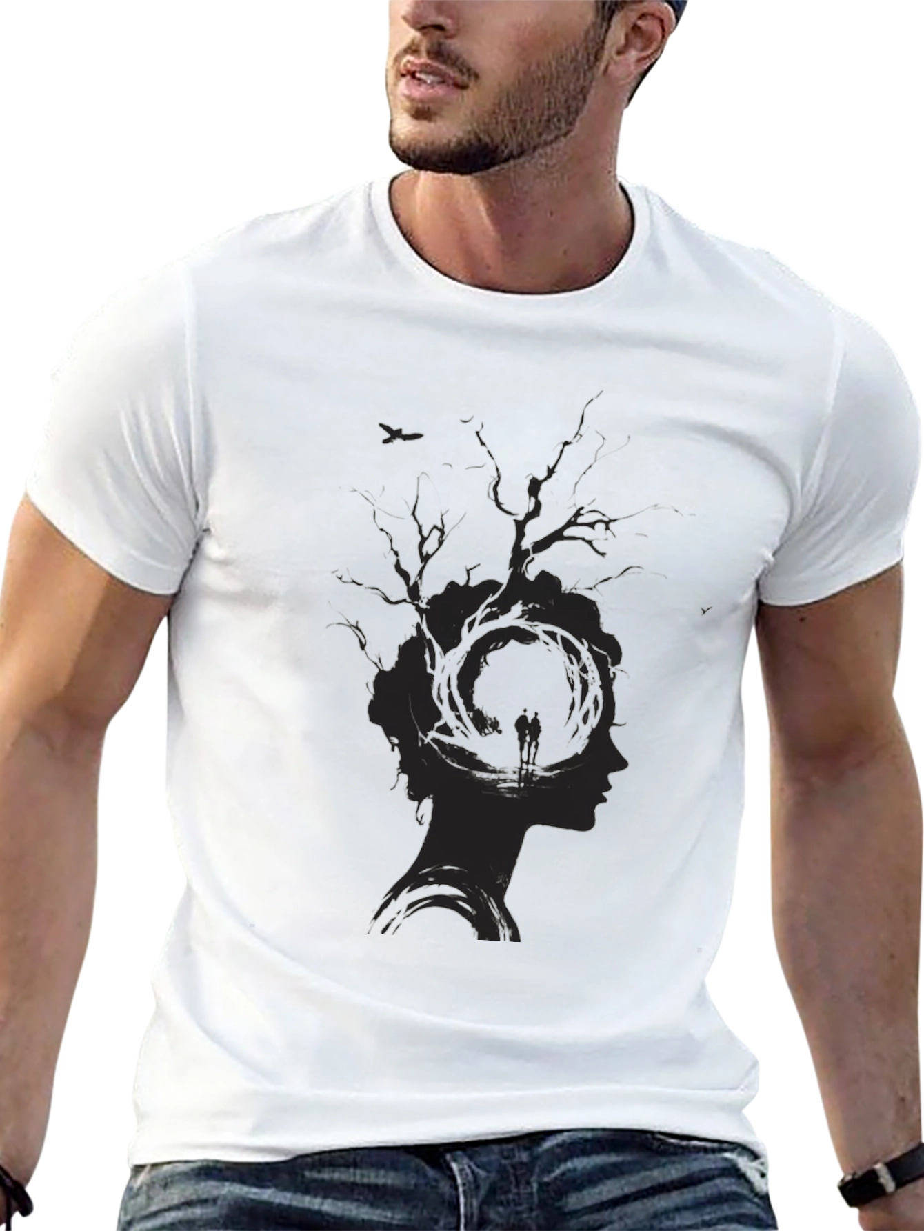Unique Tree Silhouette Graphic Print Black T-Shirt
