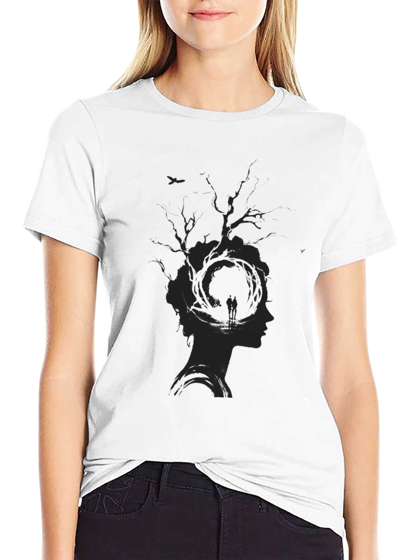Unique Tree Silhouette Graphic Print Black T-Shirt
