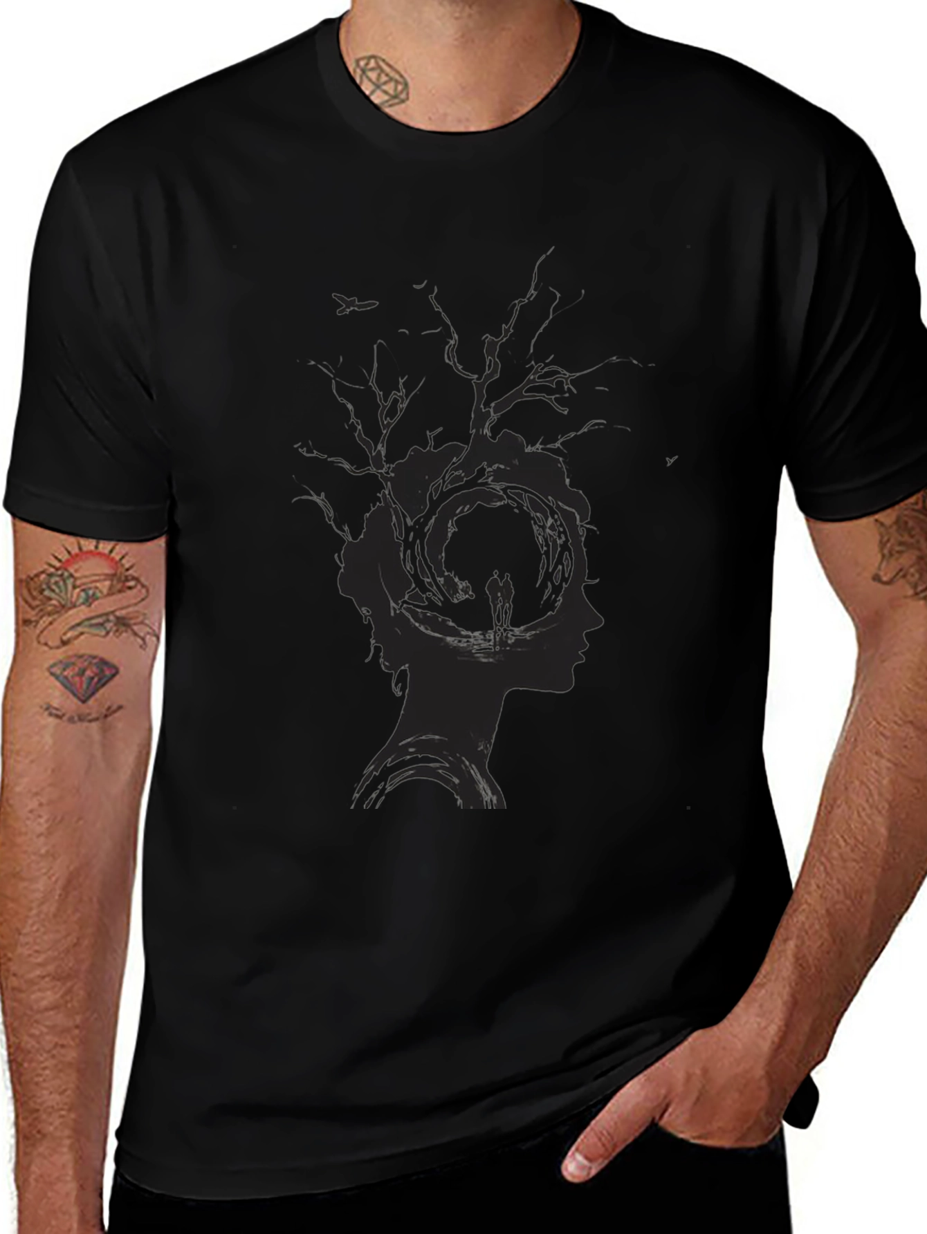 Unique Tree Silhouette Graphic Print Black T-Shirt