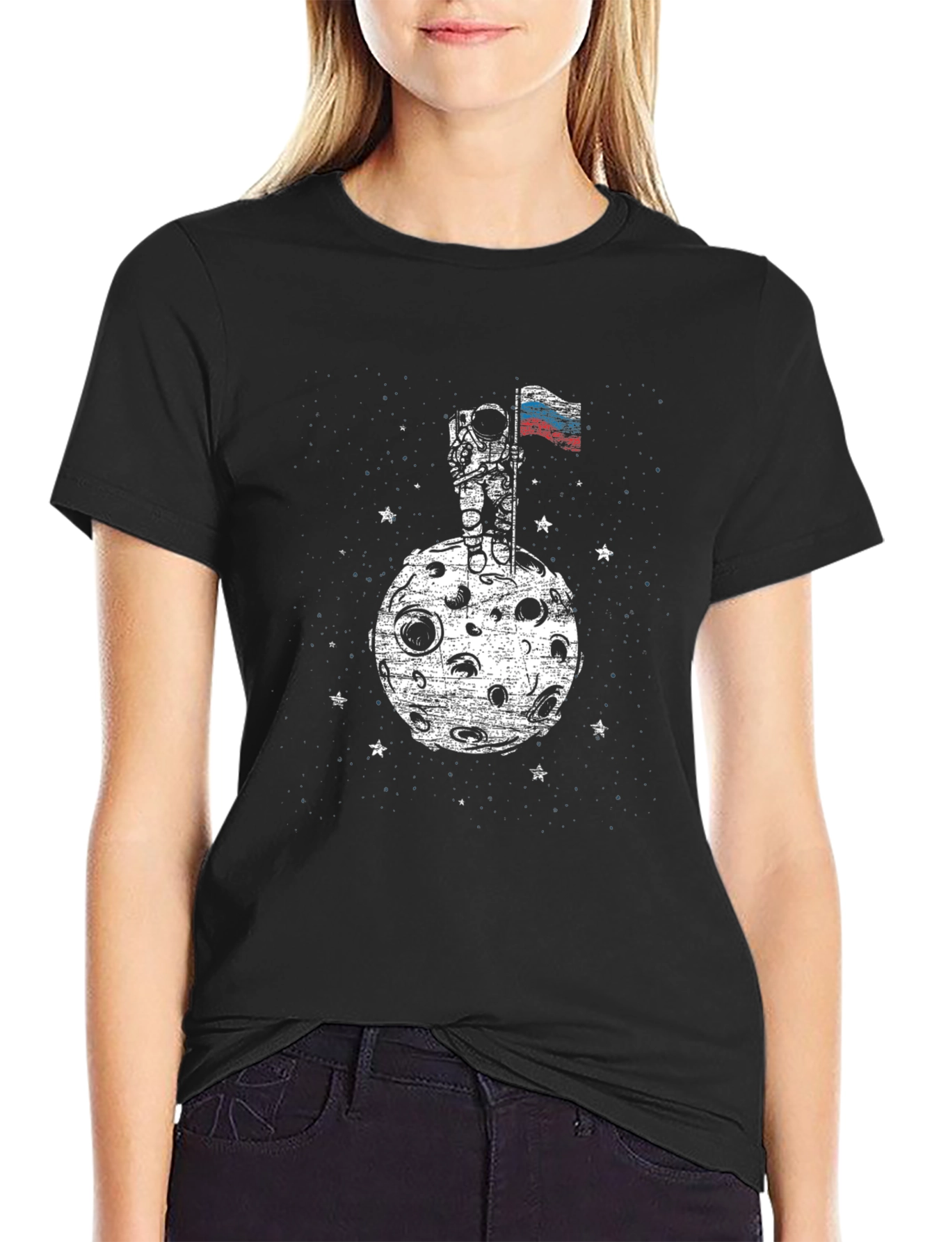 Astronaut Russian Flag Moon Black T-Shirt