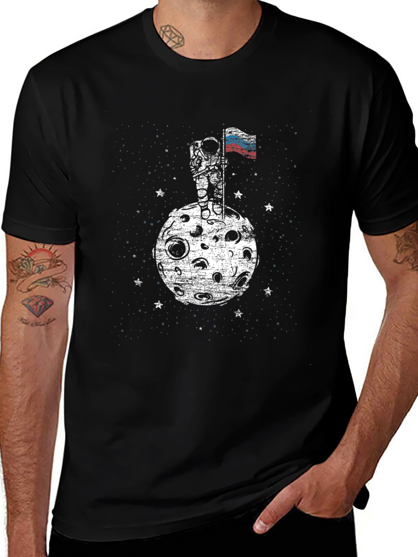 Astronaut Russian Flag Moon Black T-Shirt