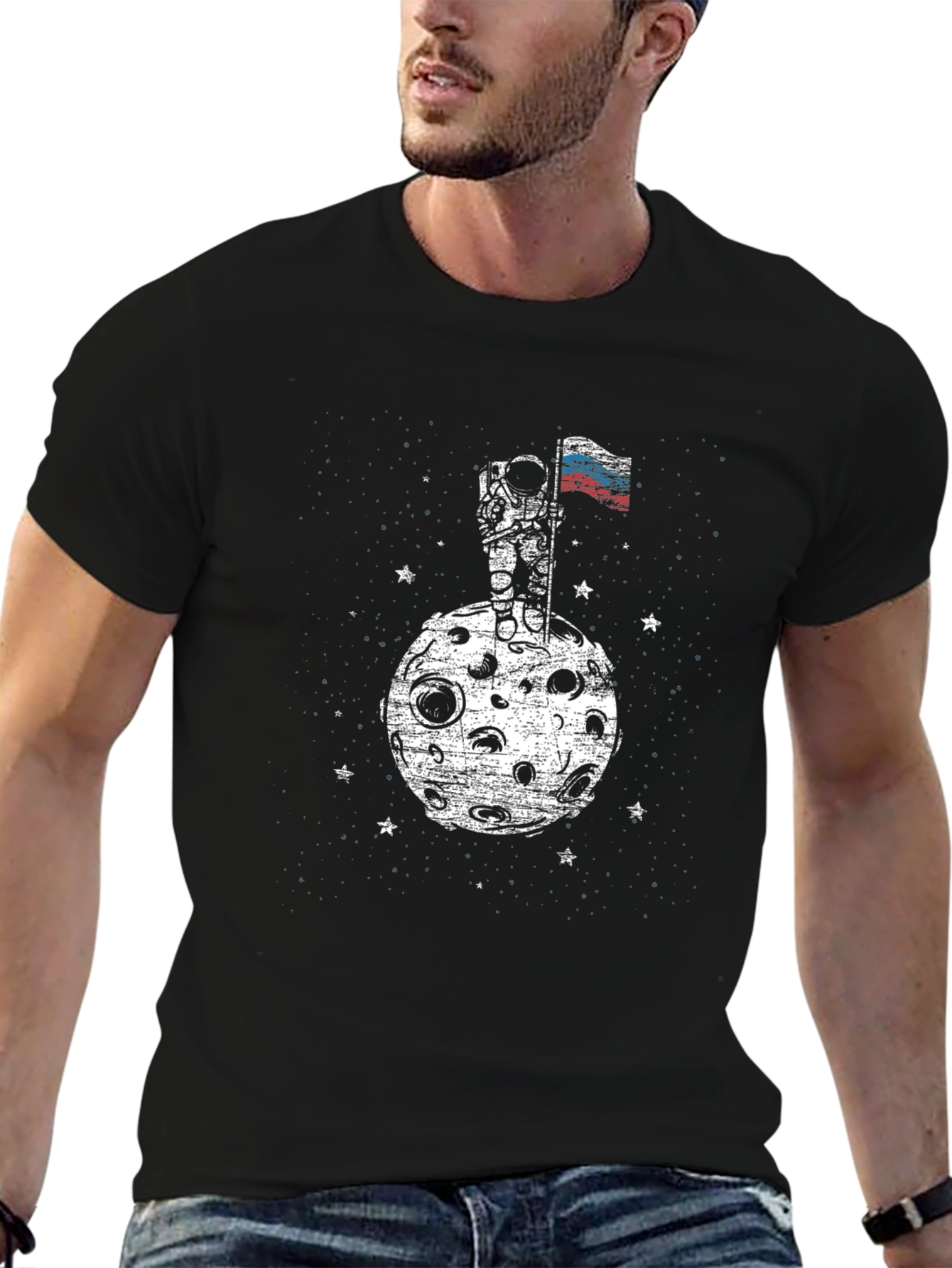 Astronaut Russian Flag Moon Black T-Shirt