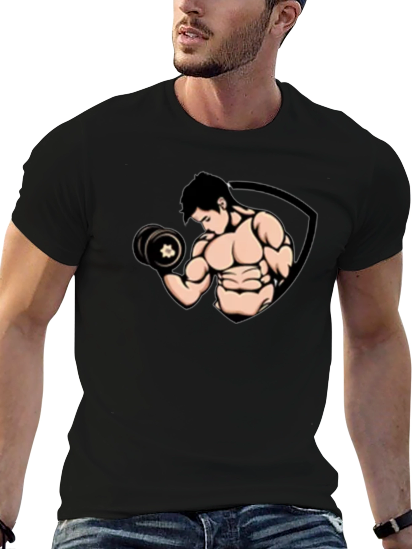 Black Graphic T-Shirt - Muscled Man Lifting Weights