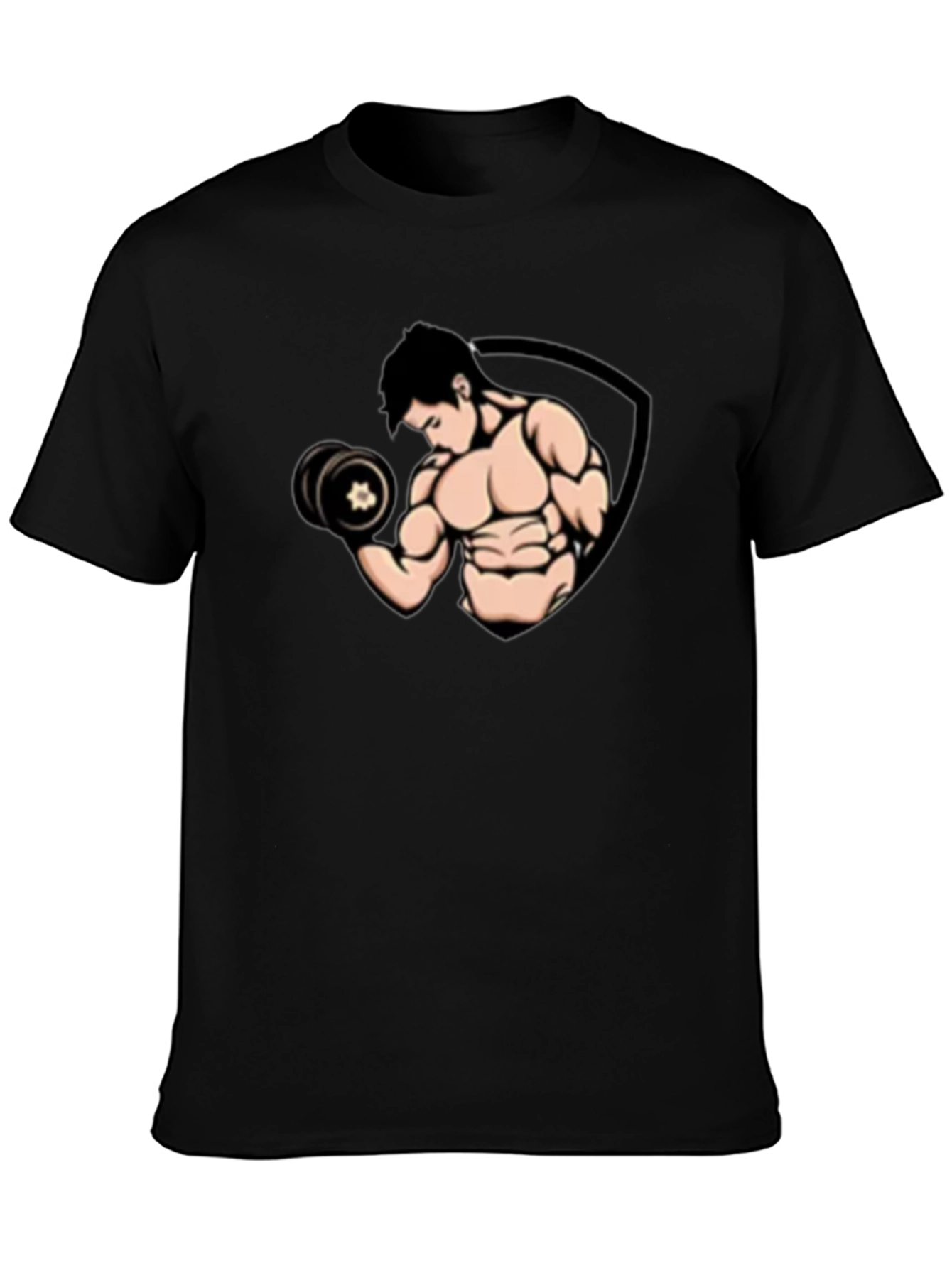 Black Graphic T-Shirt - Muscled Man Lifting Weights