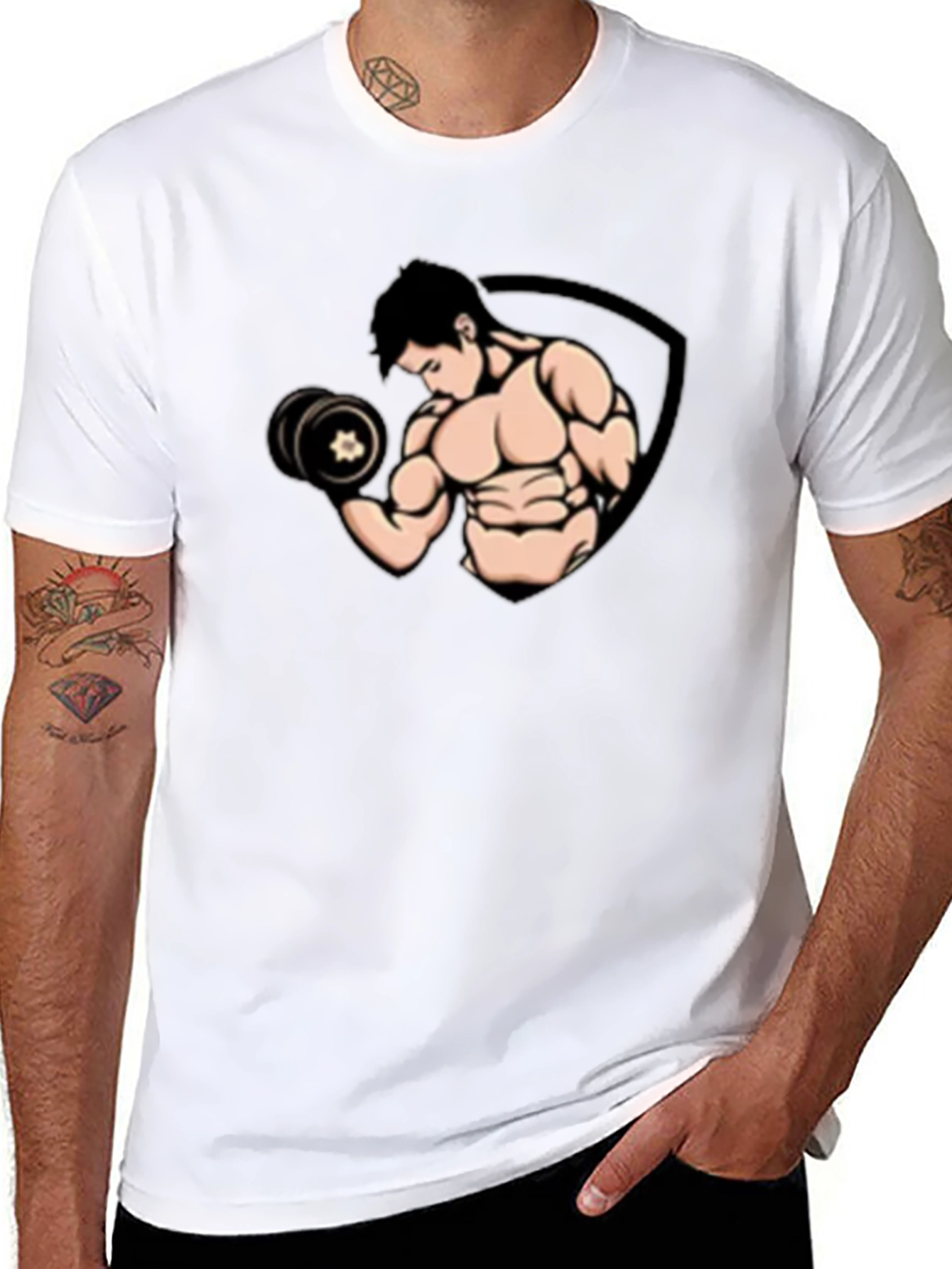 Black Graphic T-Shirt - Muscled Man Lifting Weights