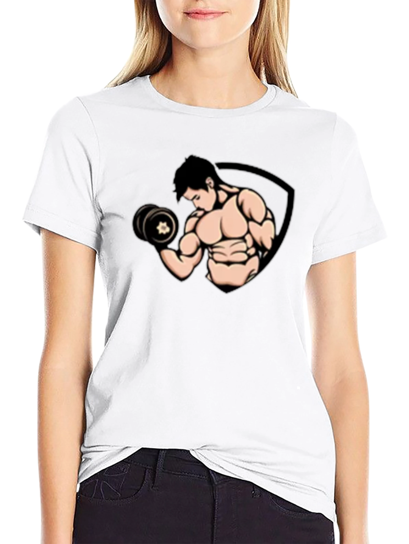 Black Graphic T-Shirt - Muscled Man Lifting Weights