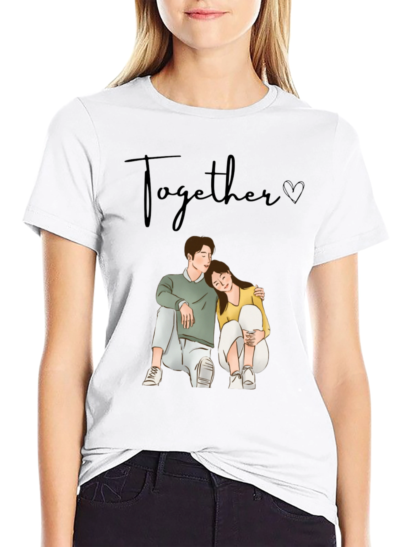 Couple Graphic Tee: Together Cartoon Print