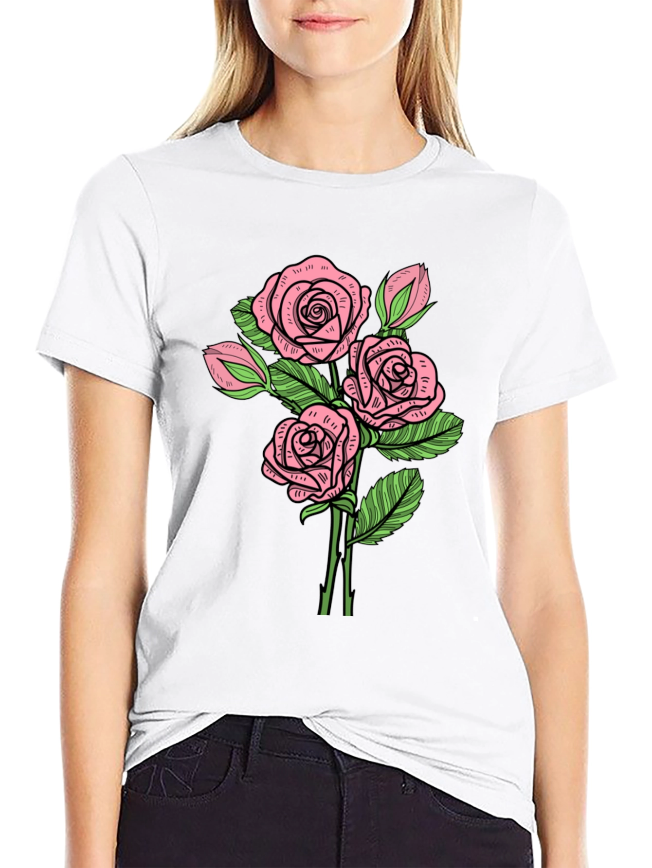 Floral Rose Print Crew Neck T-Shirt