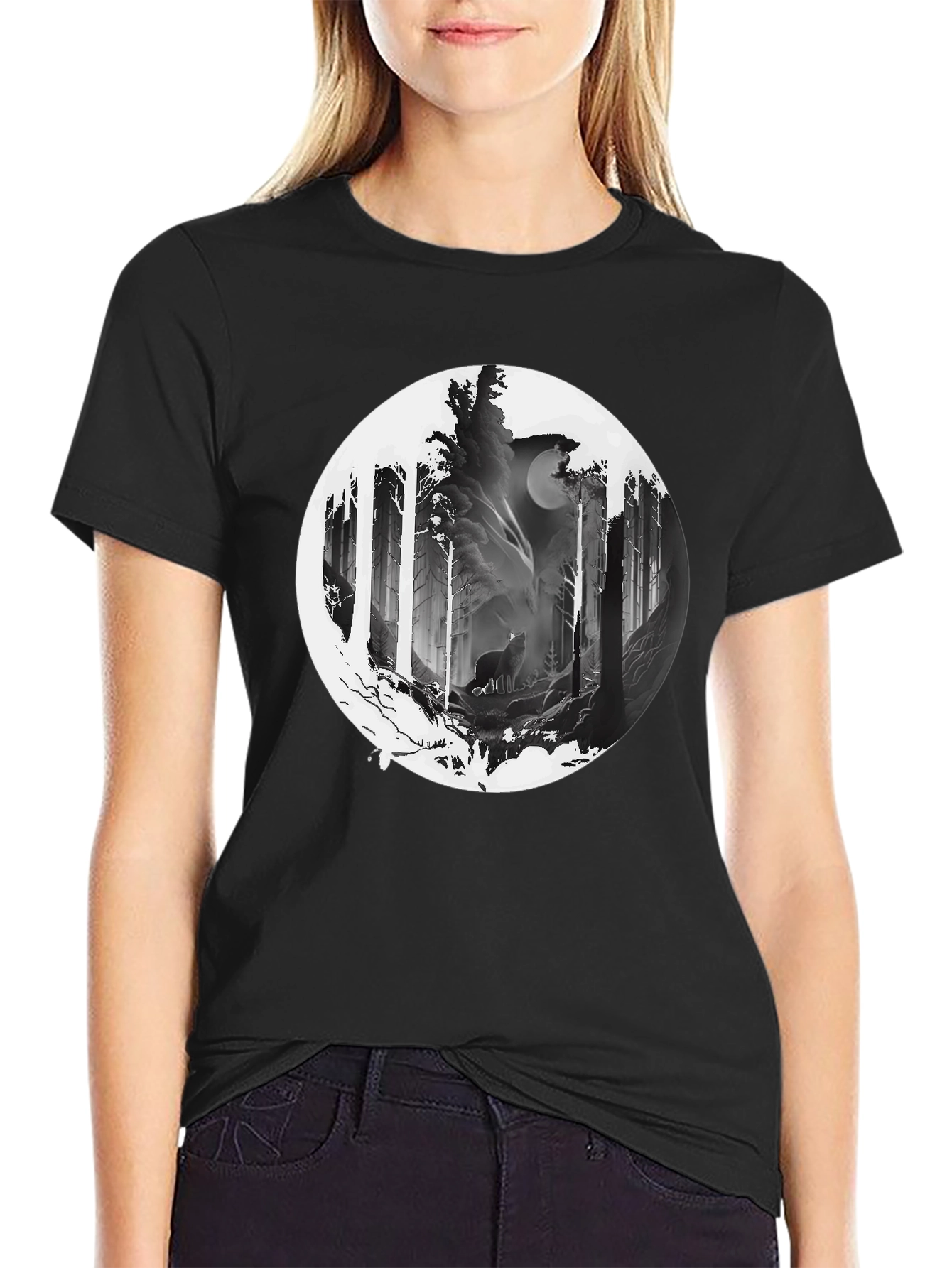 Wolf Moon Forest Graphic Tee - Black