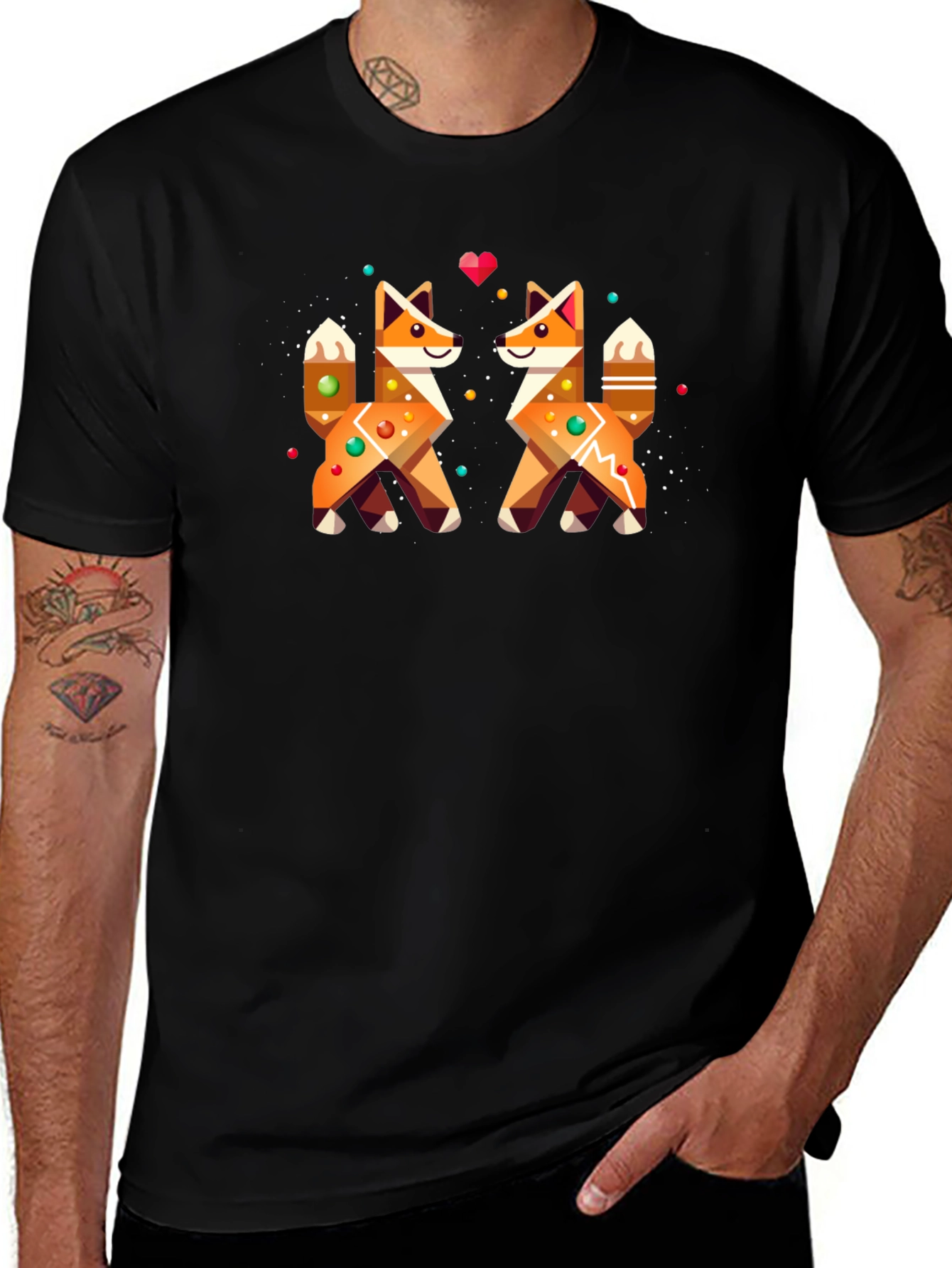 Geometric Fox Love Graphic Black T-Shirt