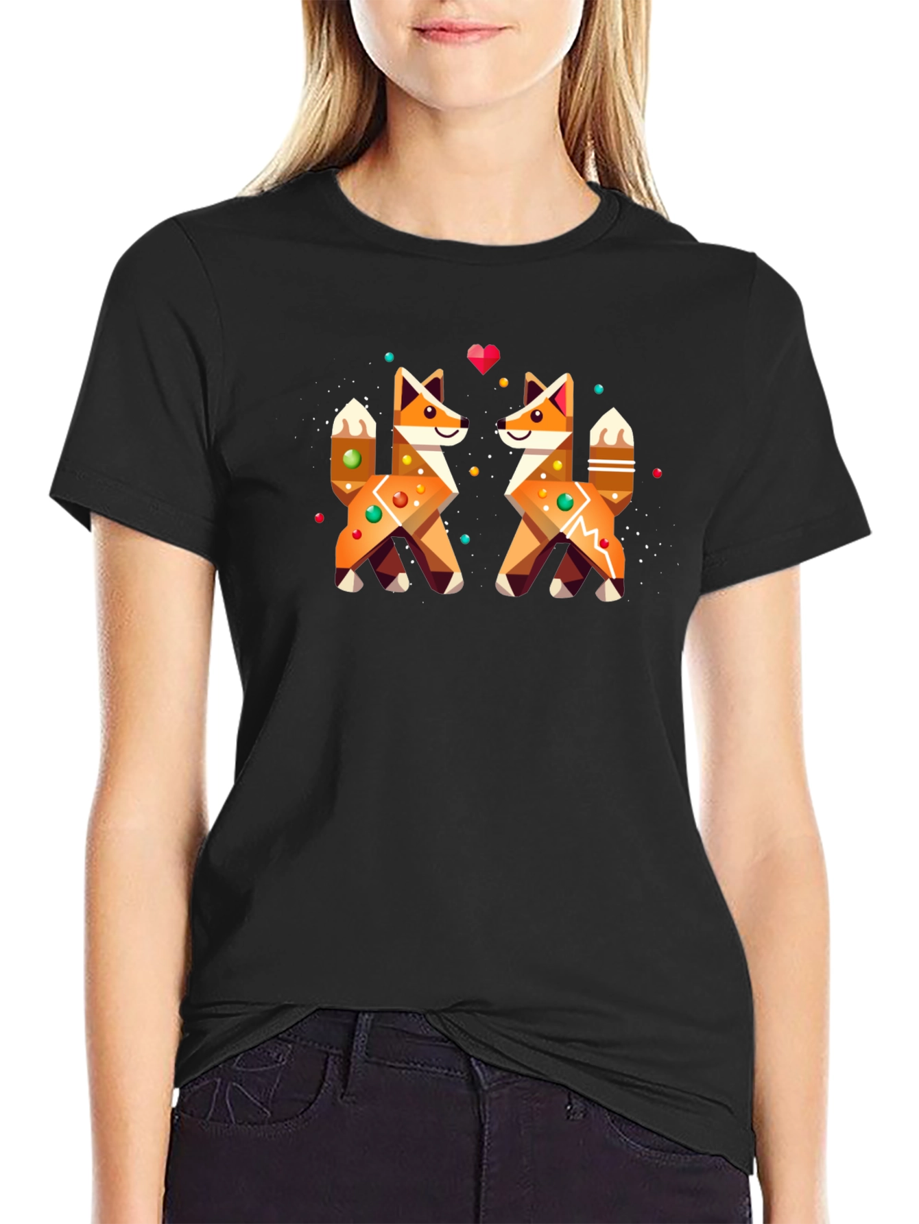 Geometric Fox Love Graphic Black T-Shirt