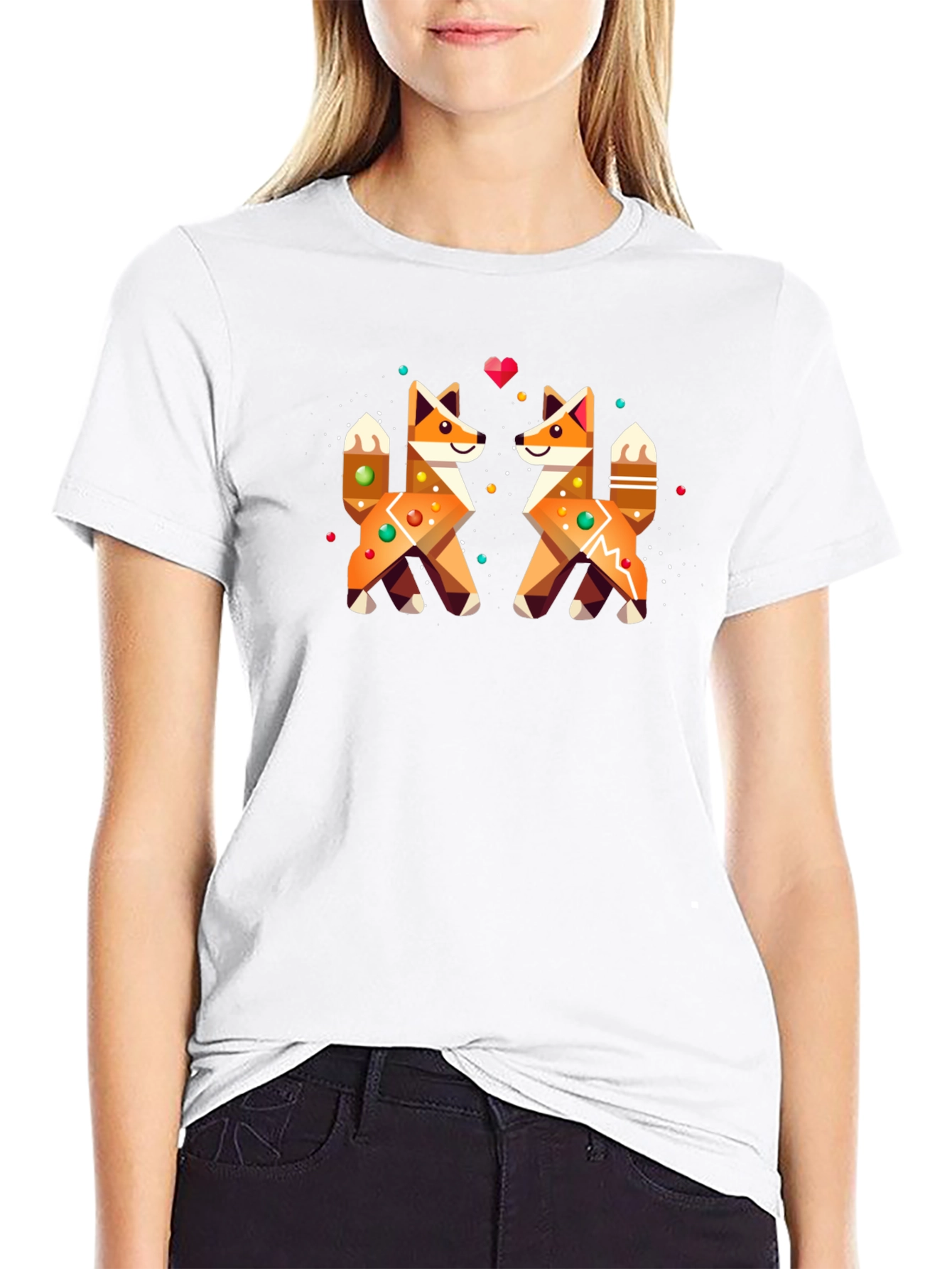Geometric Fox Love Graphic Black T-Shirt