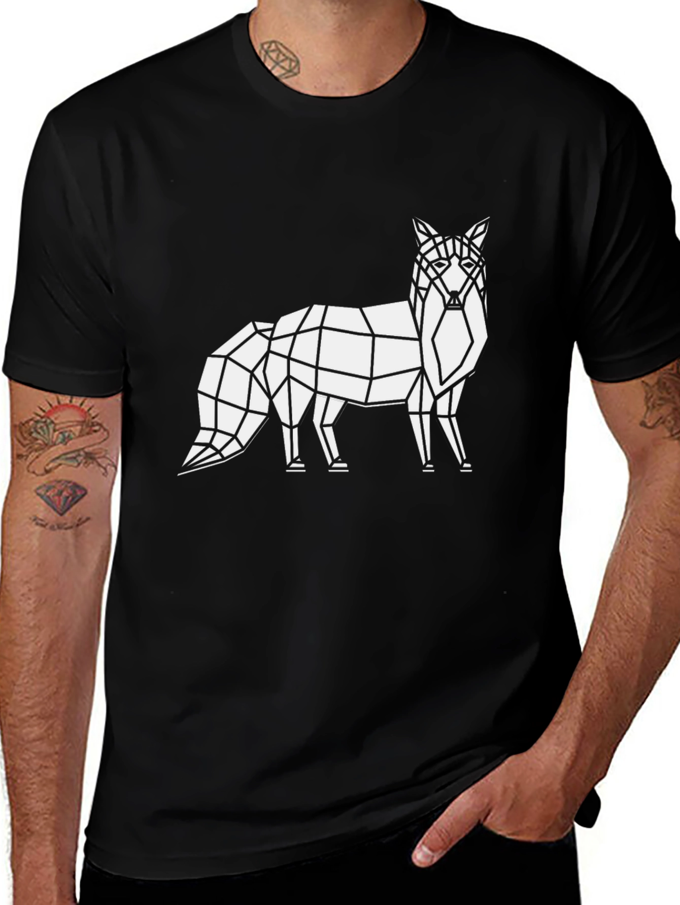 Geometric Fox Graphic Tee - Black Cotton T-Shirt