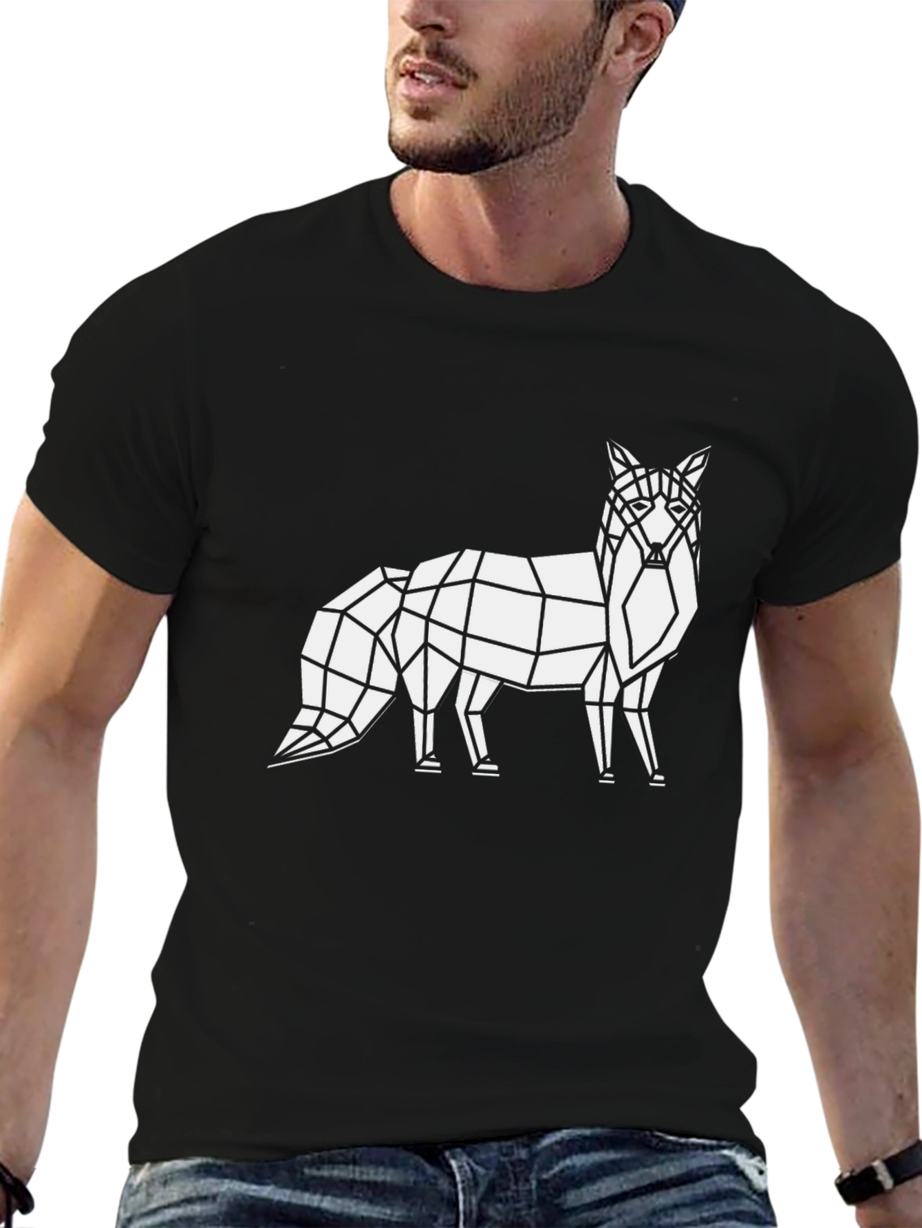 Geometric Fox Graphic Tee - Black Cotton T-Shirt