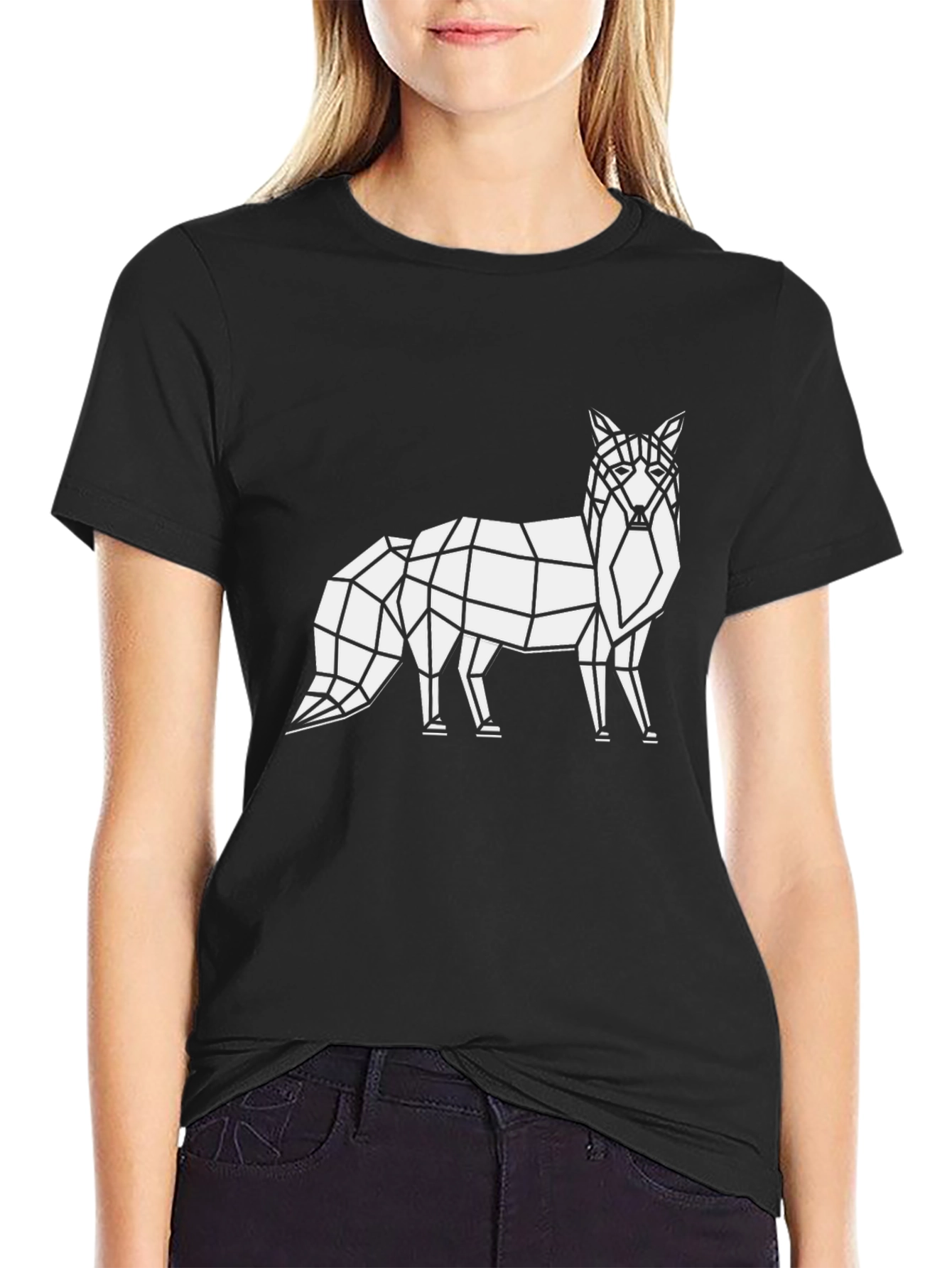 Geometric Fox Graphic Tee - Black Cotton T-Shirt