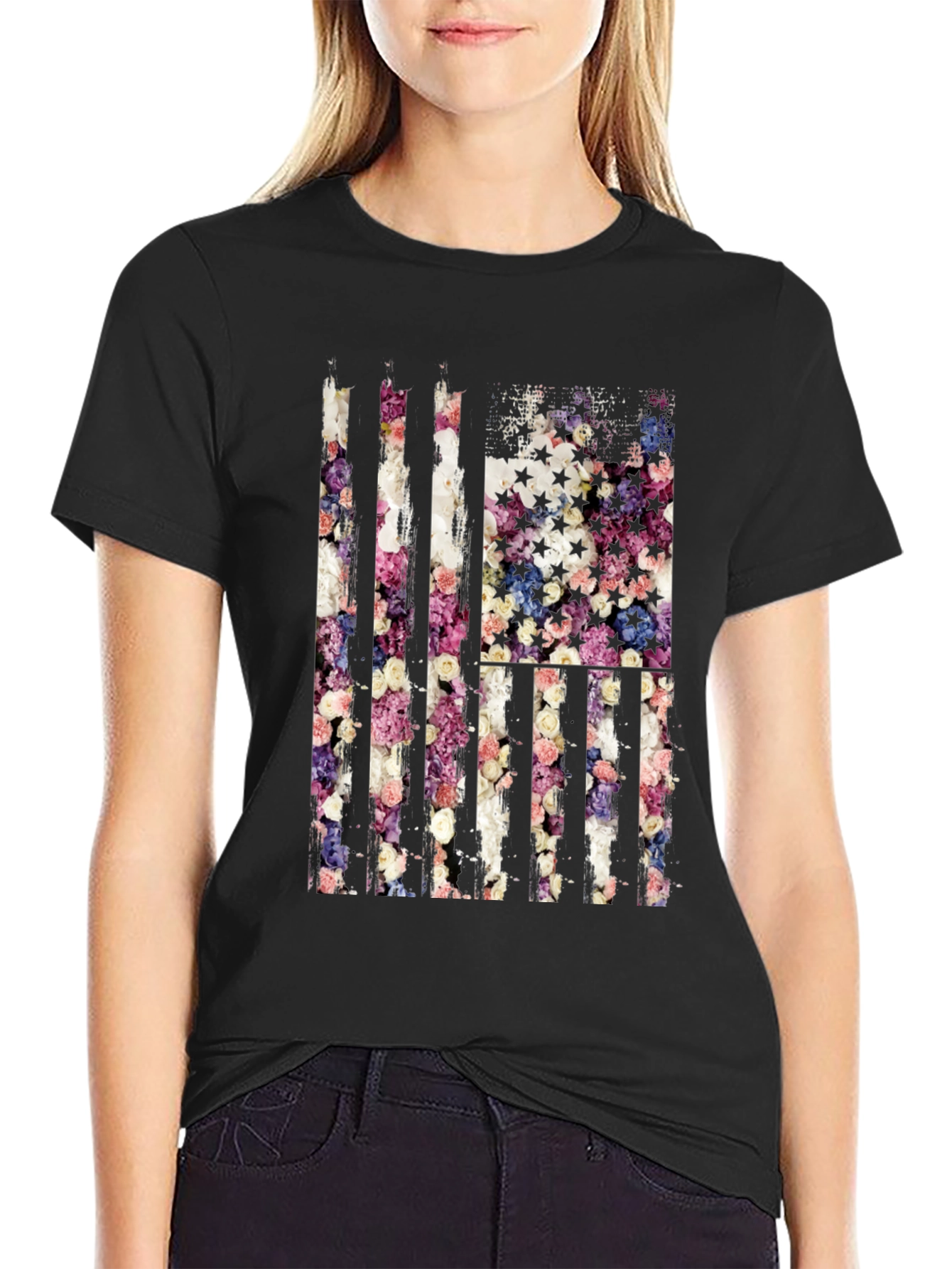 Floral American Flag T-Shirt - Patriotic USA Pride
