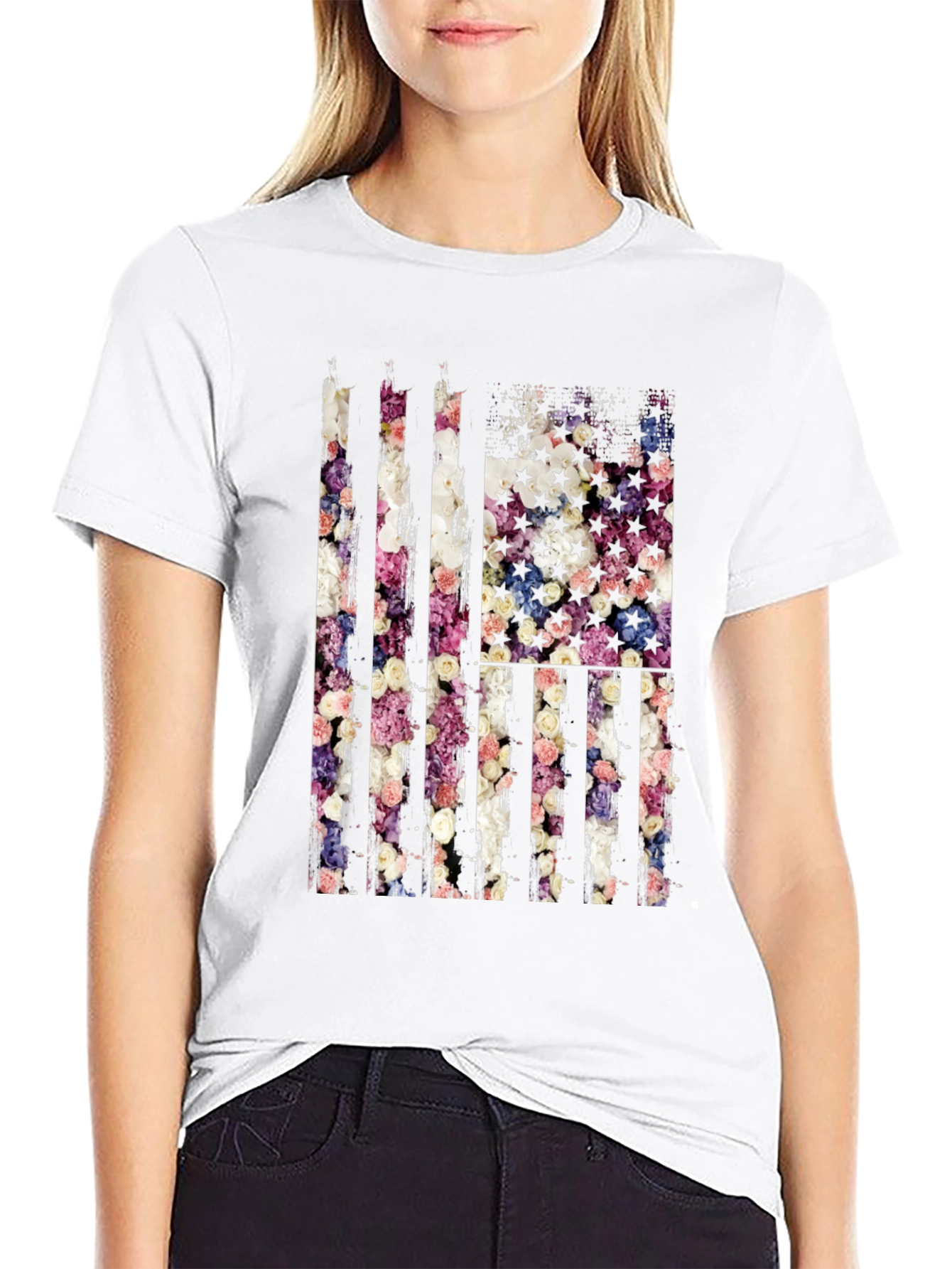 Floral American Flag T-Shirt - Patriotic USA Pride