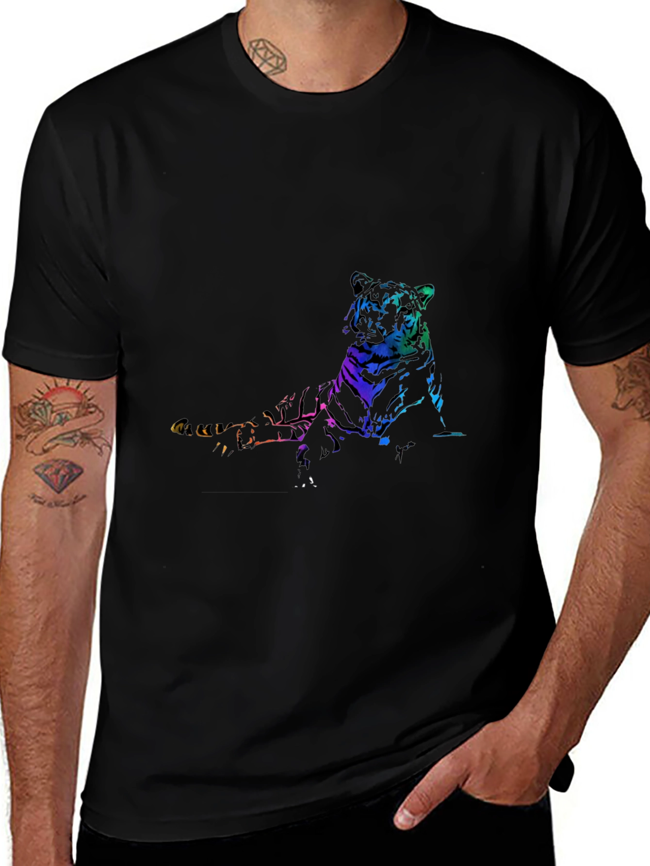 Rainbow Tiger Graphic Print Black T-Shirt