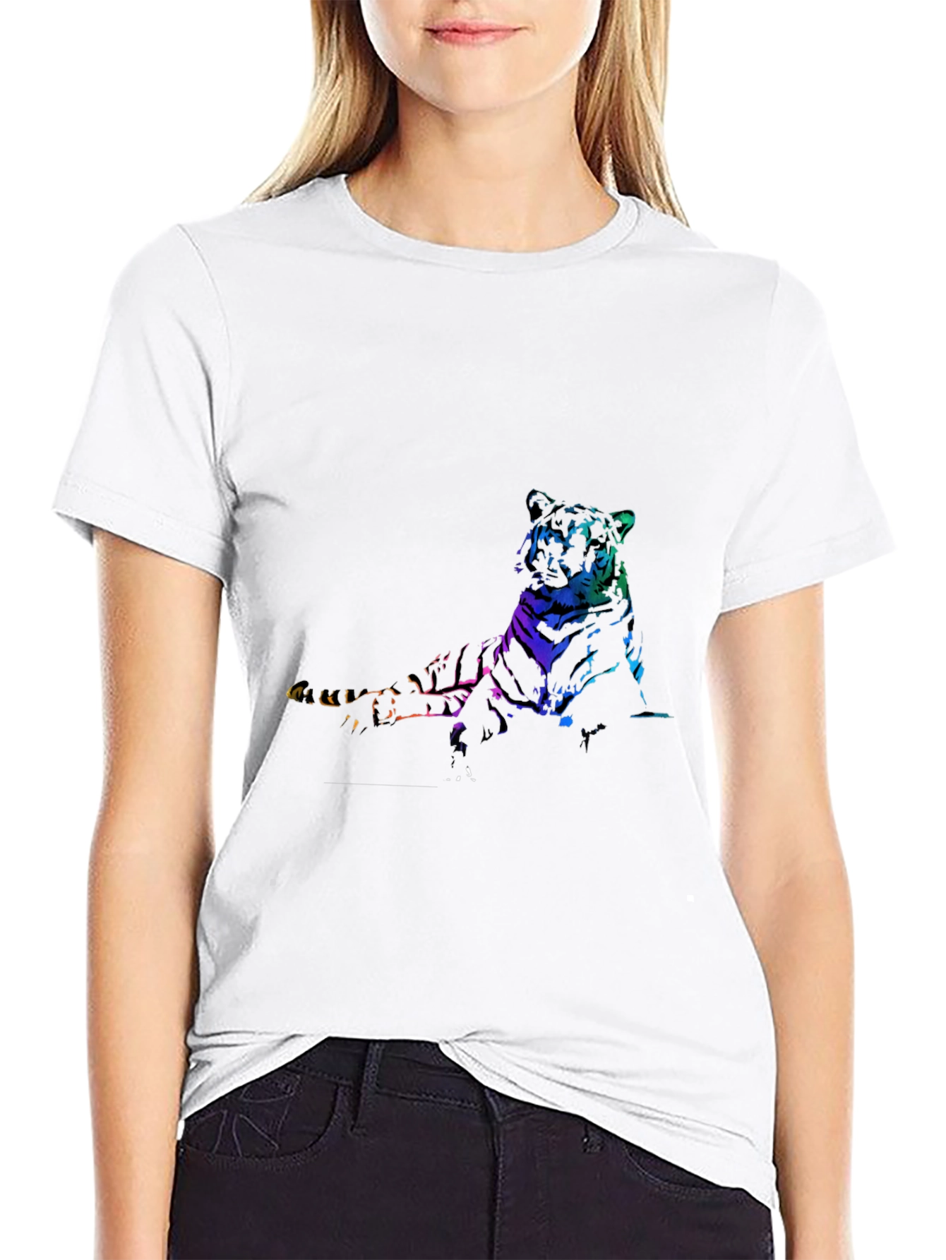 Rainbow Tiger Graphic Print Black T-Shirt