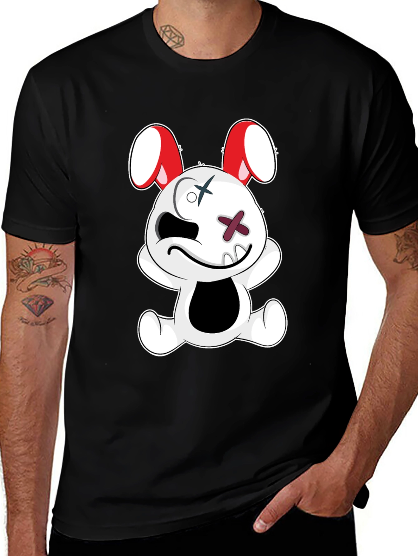 Black Tee with Cartoon Bunny Graphic
