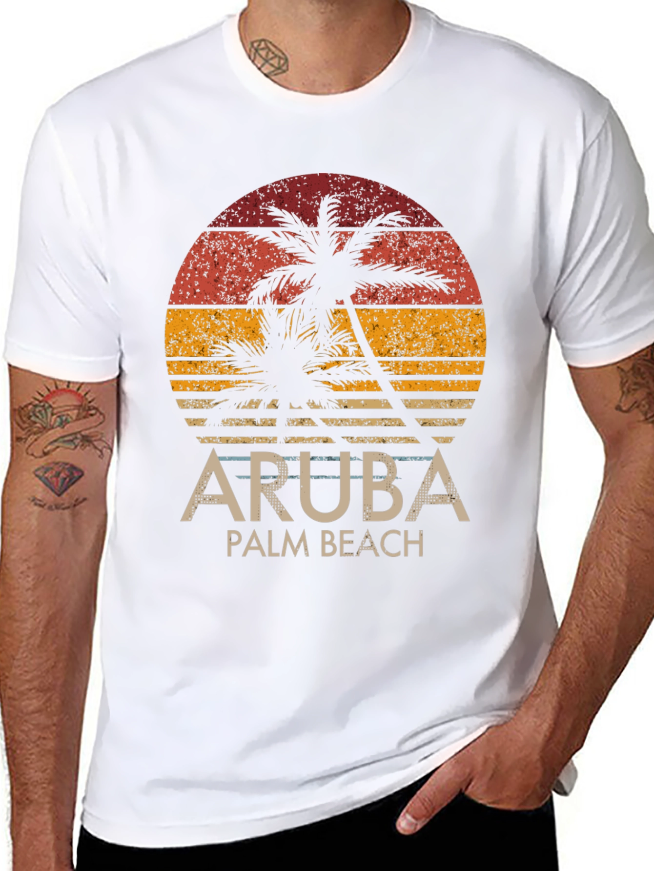 Aruba Palm Beach T-Shirt - Retro Sunset Graphic Tee