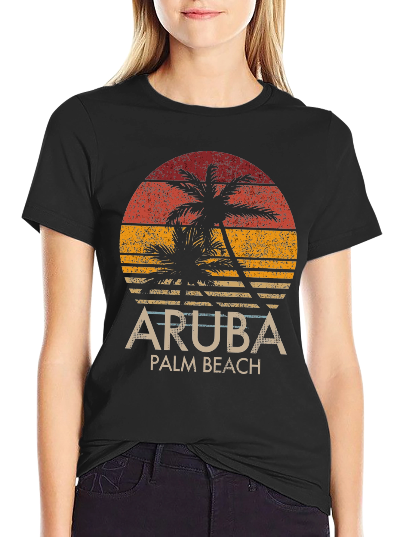 Aruba Palm Beach T-Shirt - Retro Sunset Graphic Tee