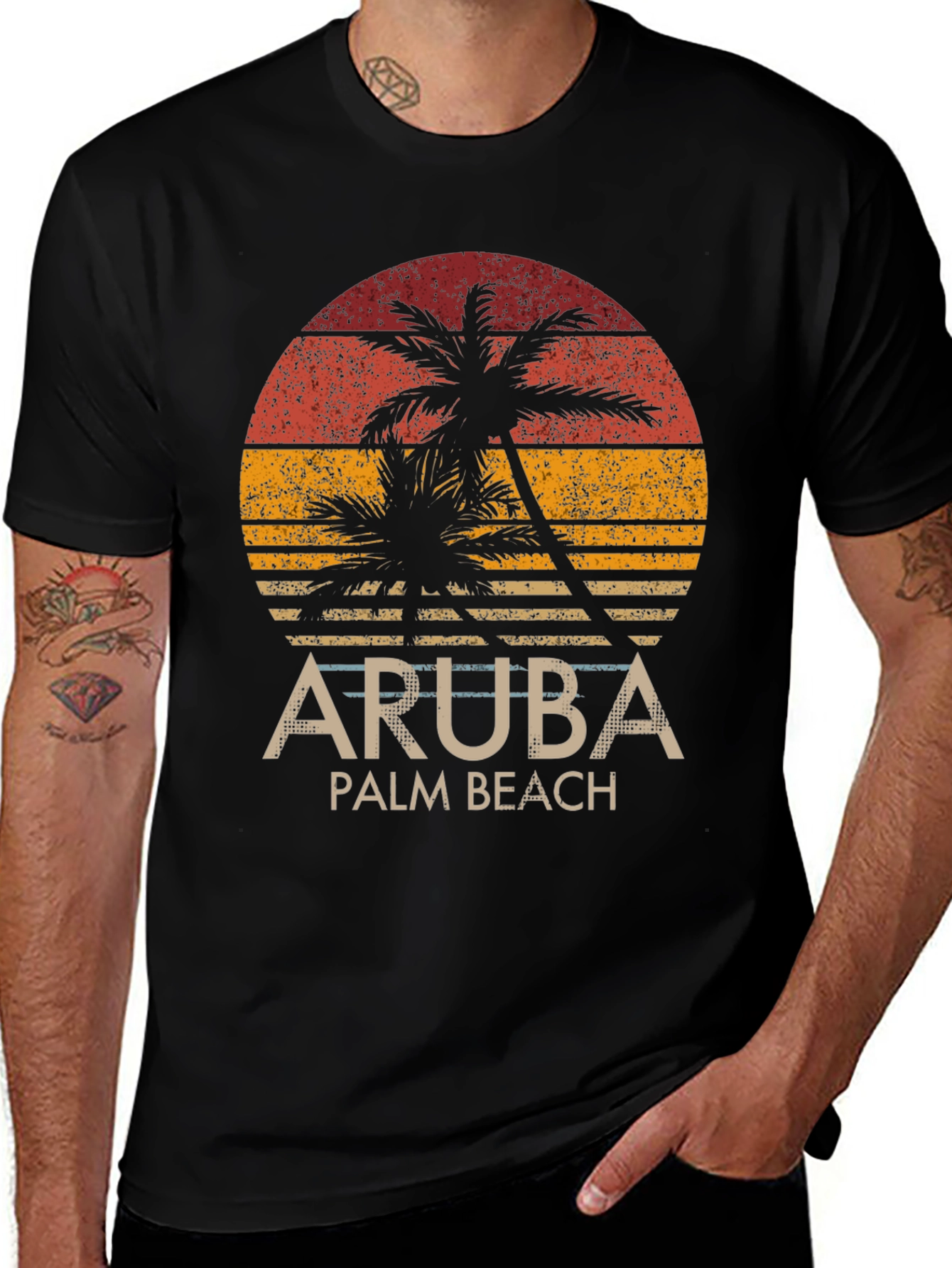 Aruba Palm Beach T-Shirt - Retro Sunset Graphic Tee