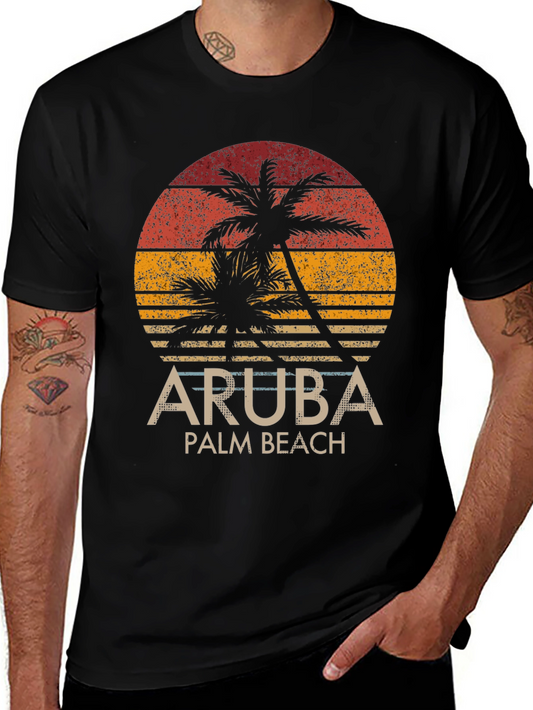 Aruba Palm Beach T-Shirt - Retro Sunset Graphic Tee