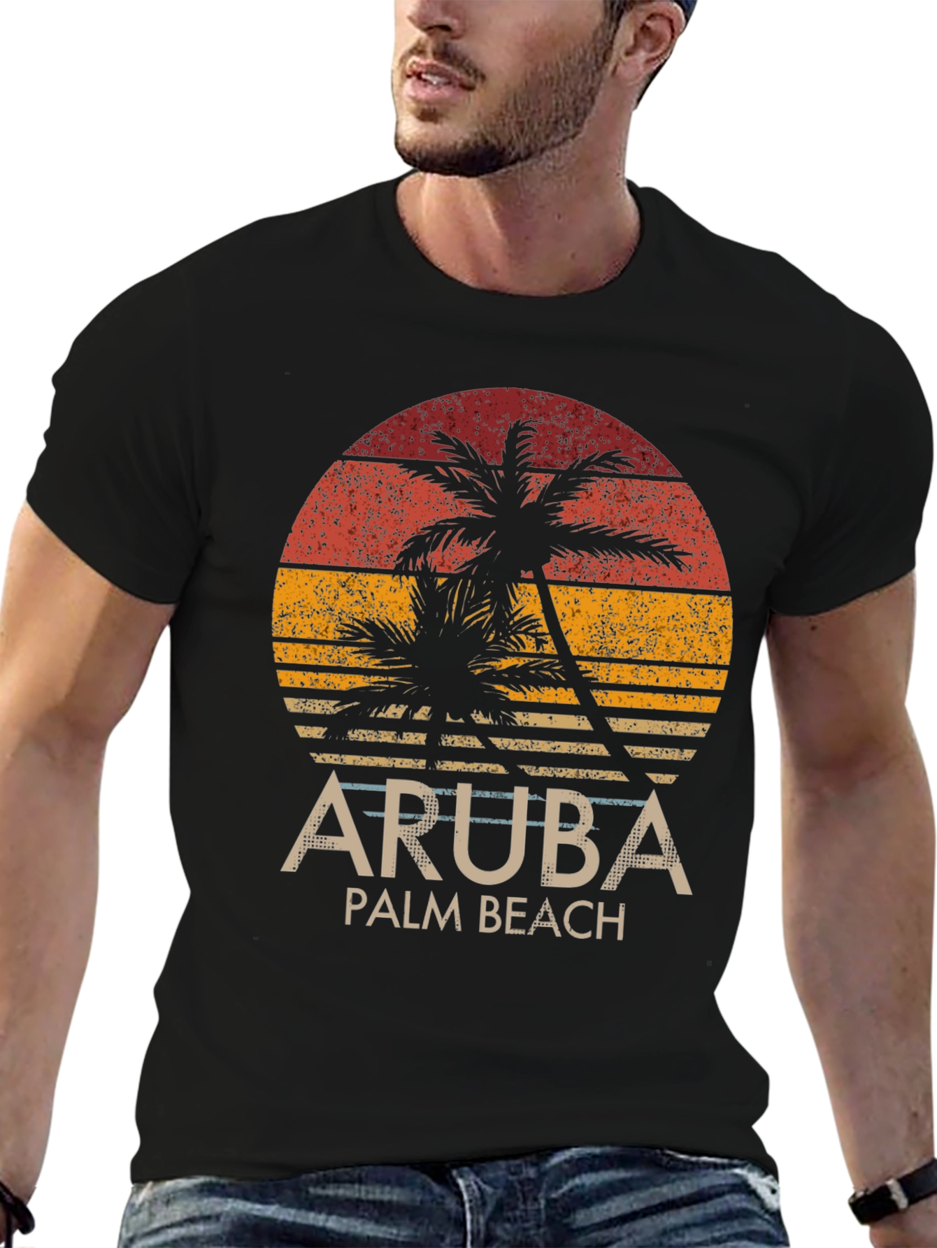 Aruba Palm Beach T-Shirt - Retro Sunset Graphic Tee