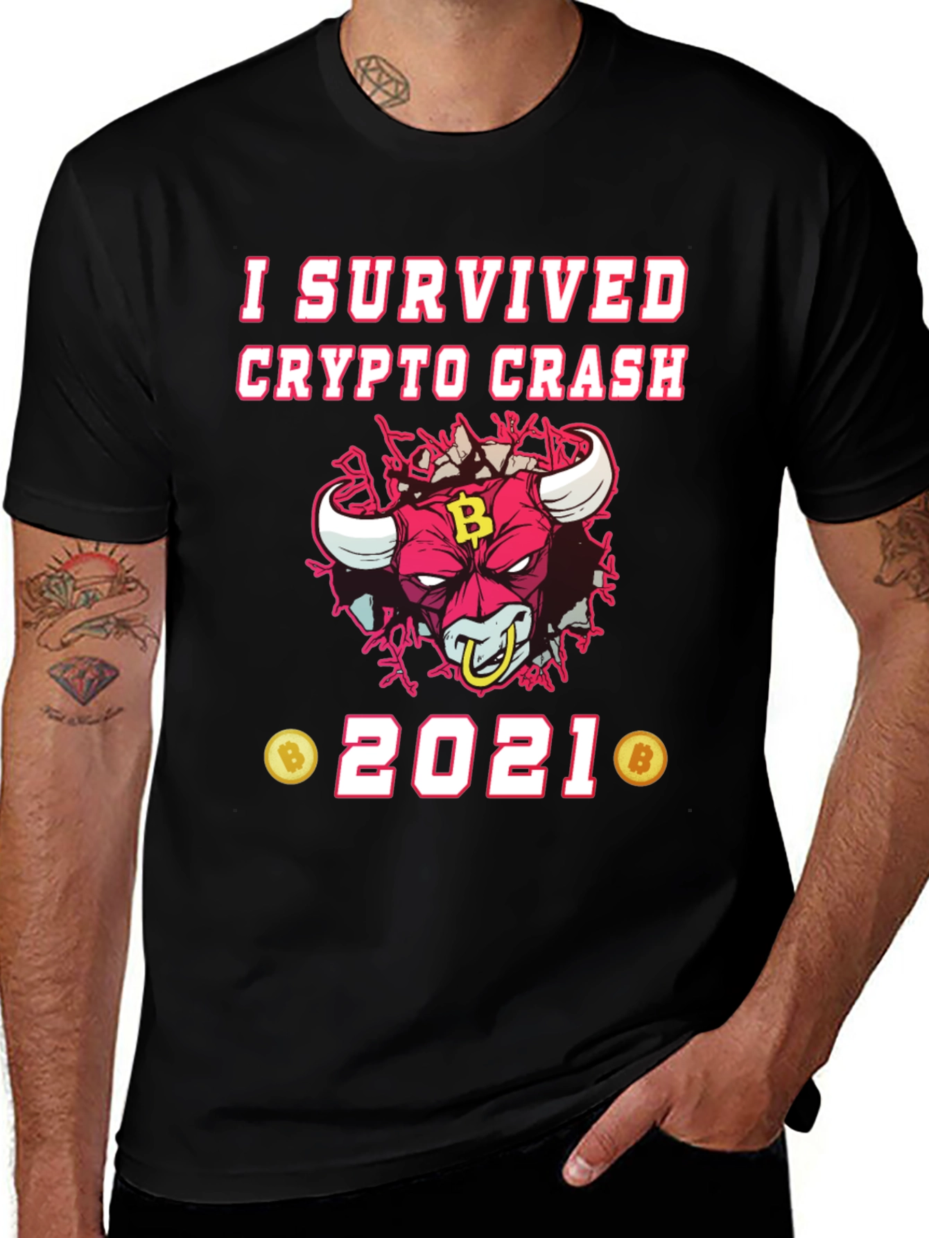 Crypto Crash Survivor 2021 T-Shirt - Bitcoin Bull