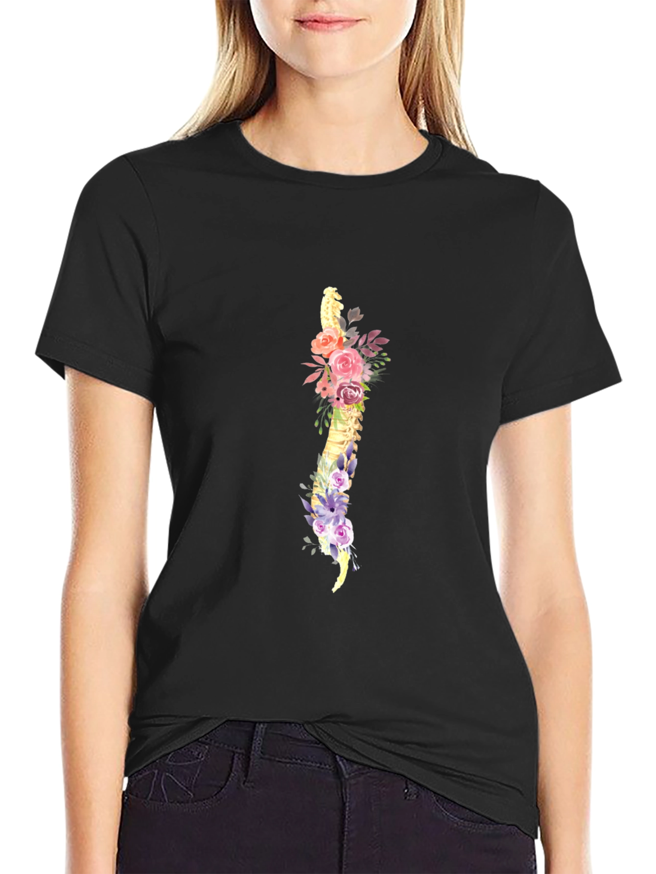 Floral Spine Graphic Tee - Black Cotton T-Shirt