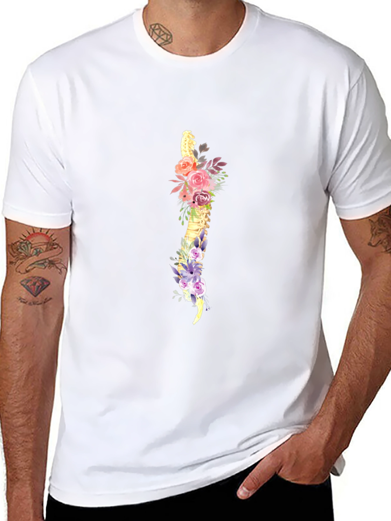 Floral Spine Graphic Tee - Black Cotton T-Shirt