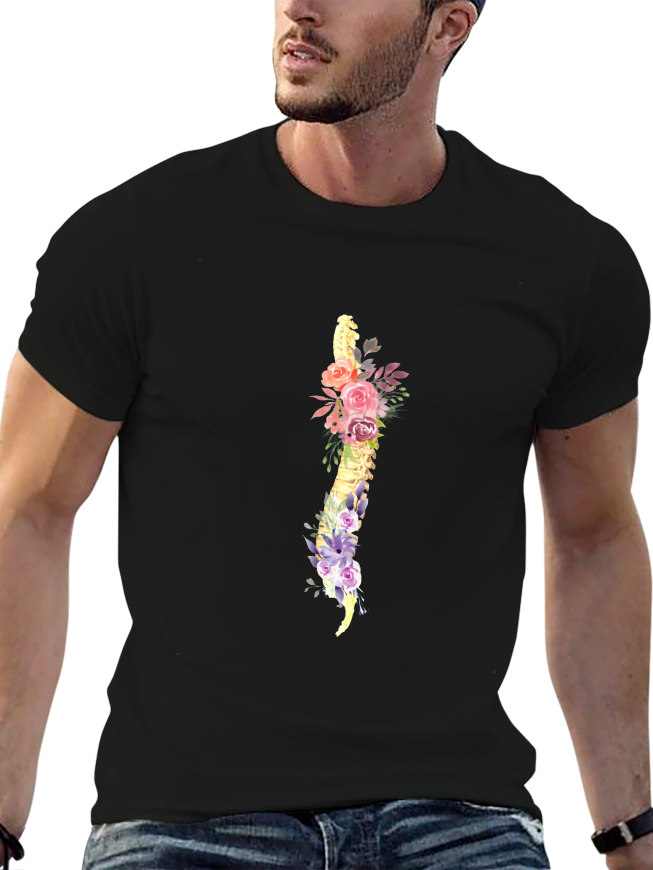 Floral Spine Graphic Tee - Black Cotton T-Shirt