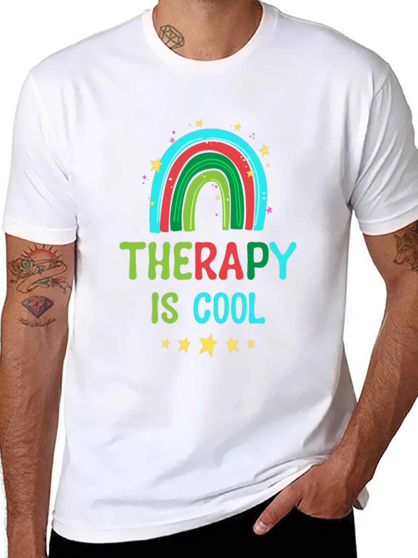 Therapy Is Cool Graphic Tee - Trendy Rainbow Design