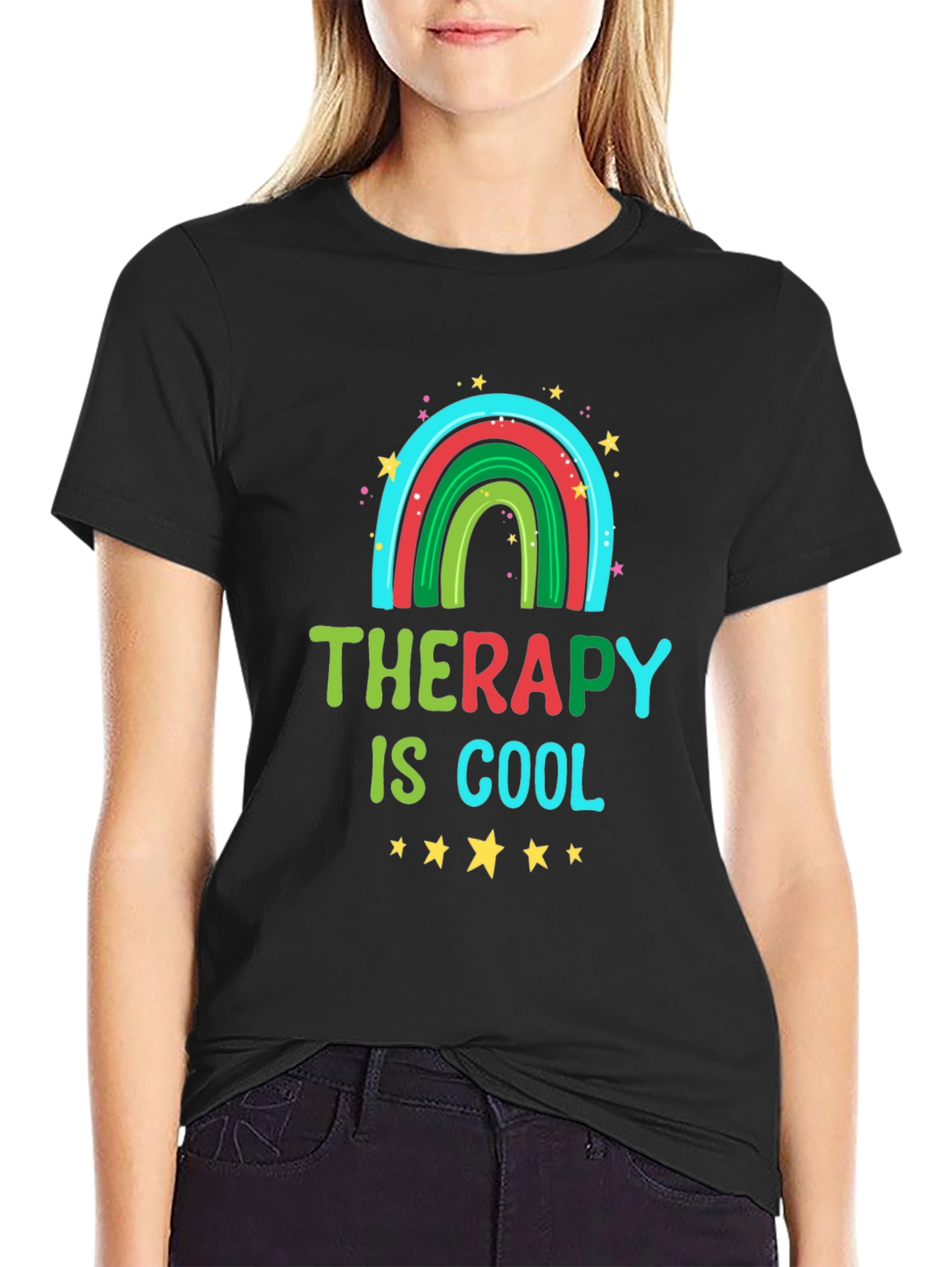 Therapy Is Cool Graphic Tee - Trendy Rainbow Design